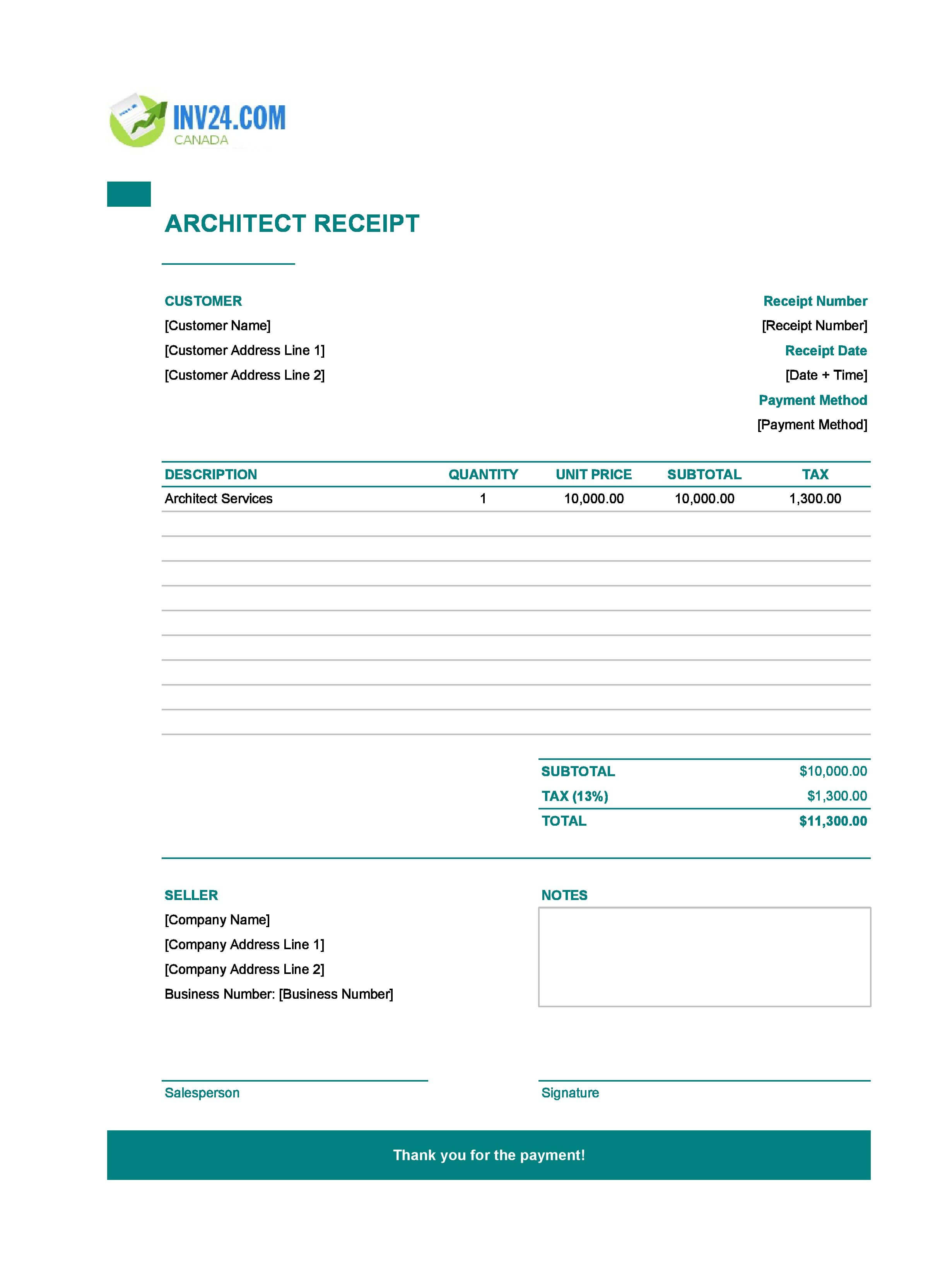 Architect Receipt Template for Canada (Excel / Google Sheets)
