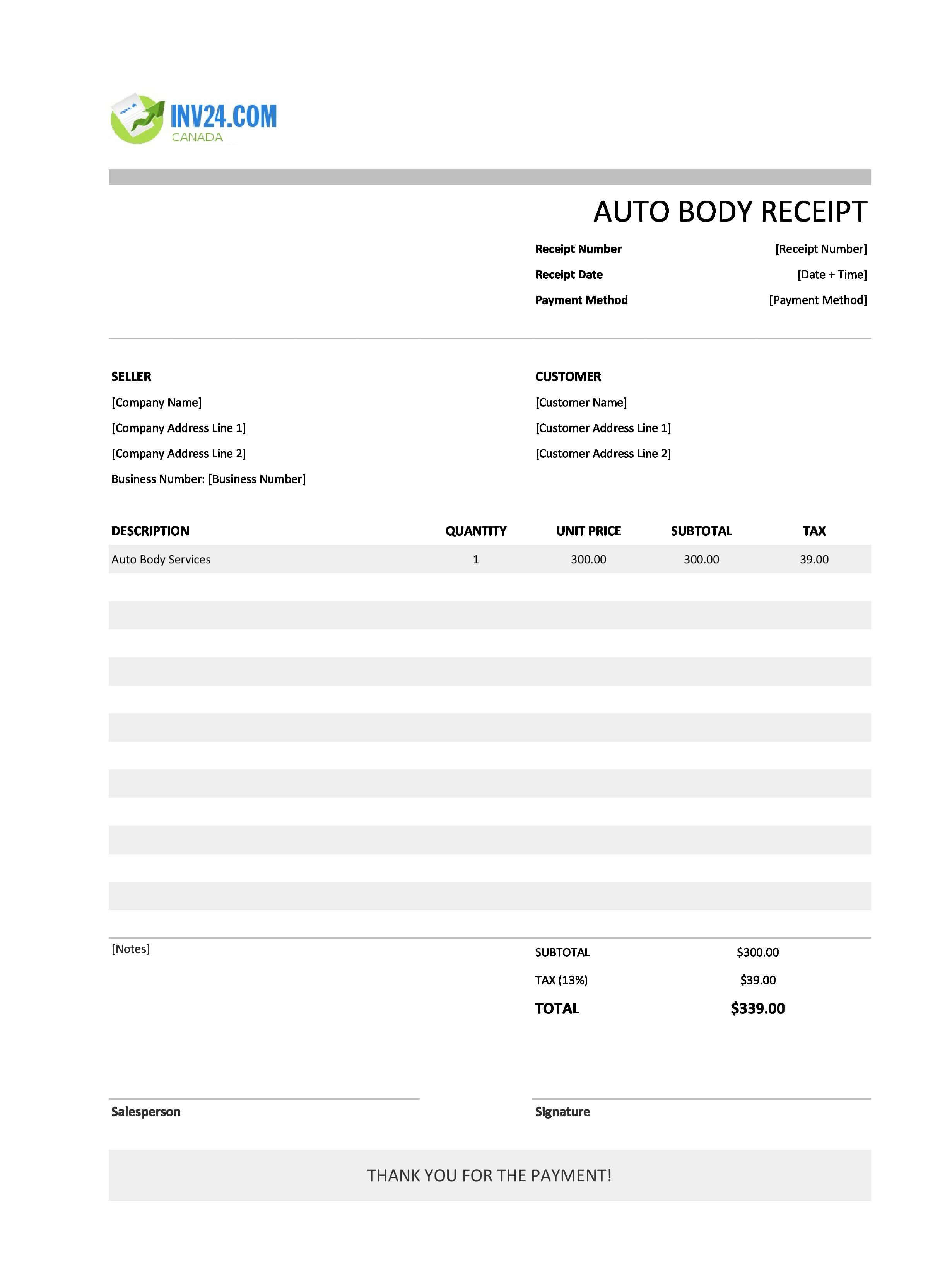 Auto Body Receipt Template for Canada (Excel / Google Sheets)