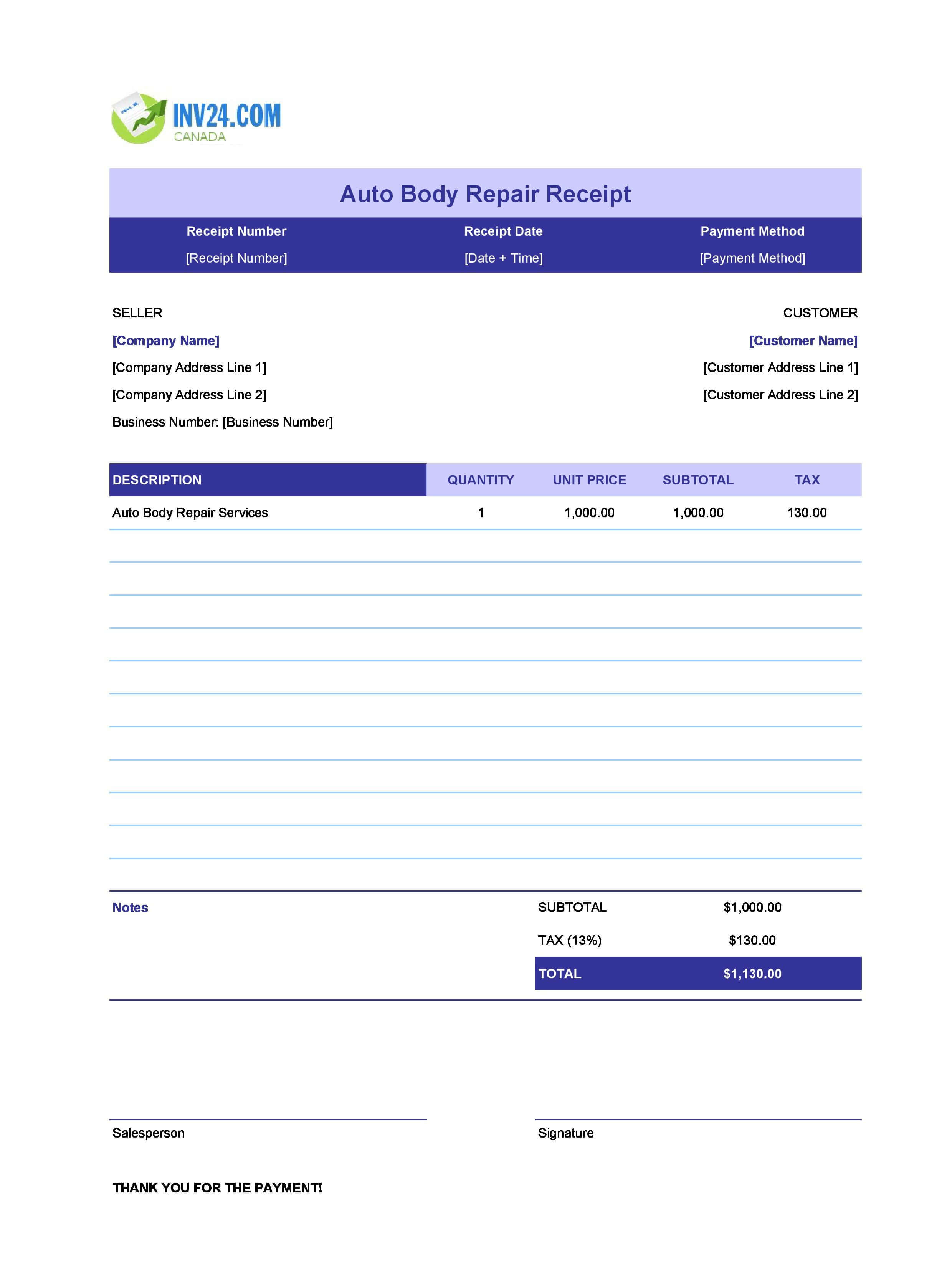 Auto Body Repair Receipt Template for Canada (Excel / Google Sheets)