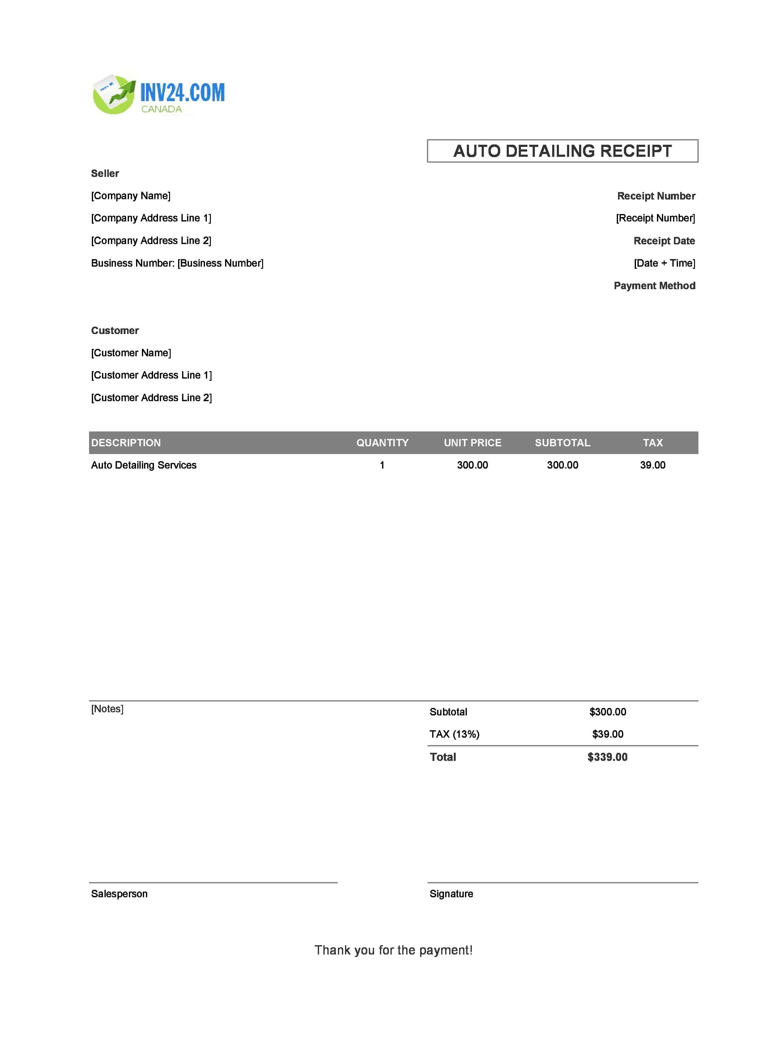 Auto Detailing Receipt Template for Canada (Excel / Google Sheets)