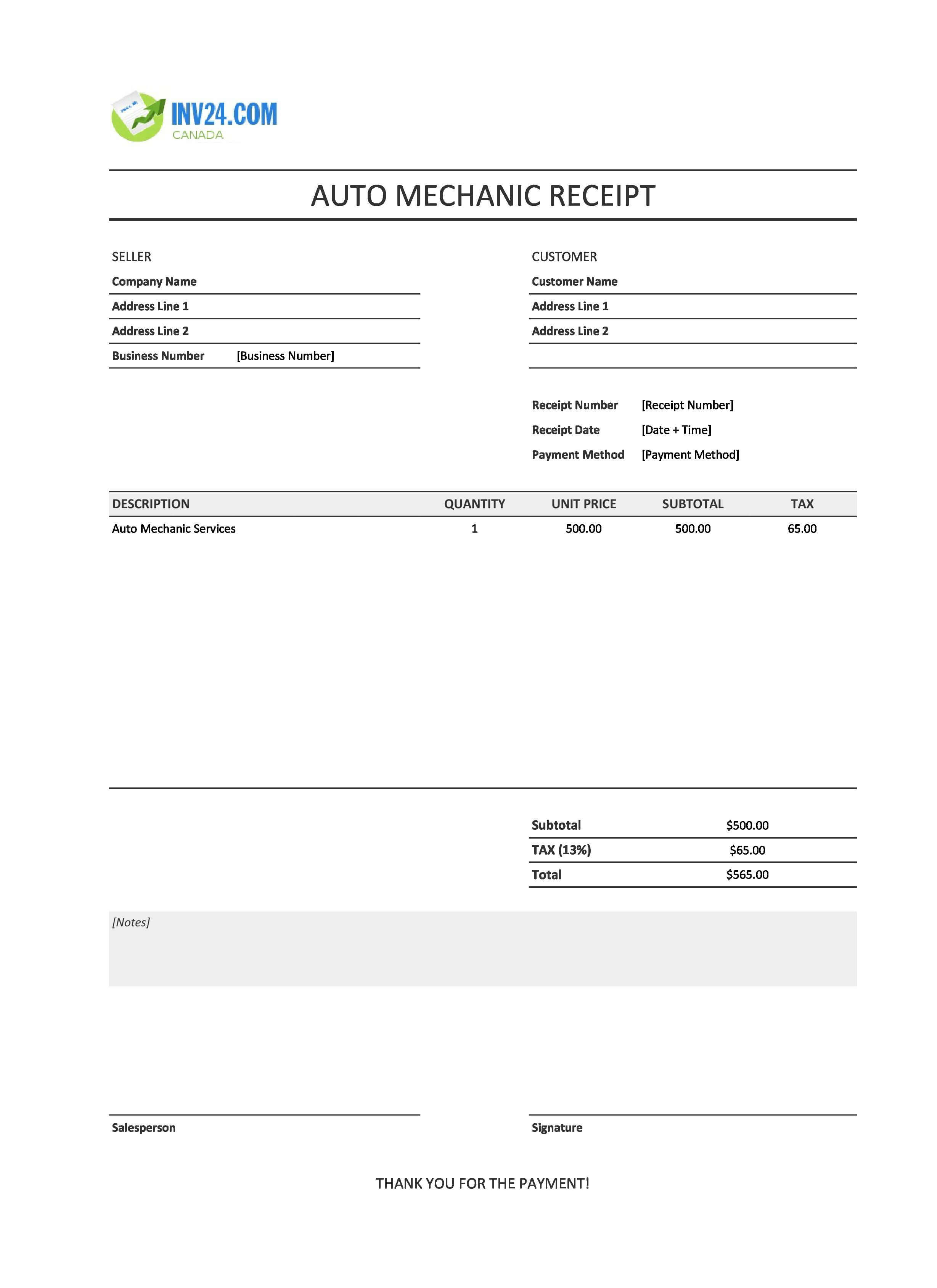 Auto Mechanic Receipt Template for Canada (Excel / Google Sheets)