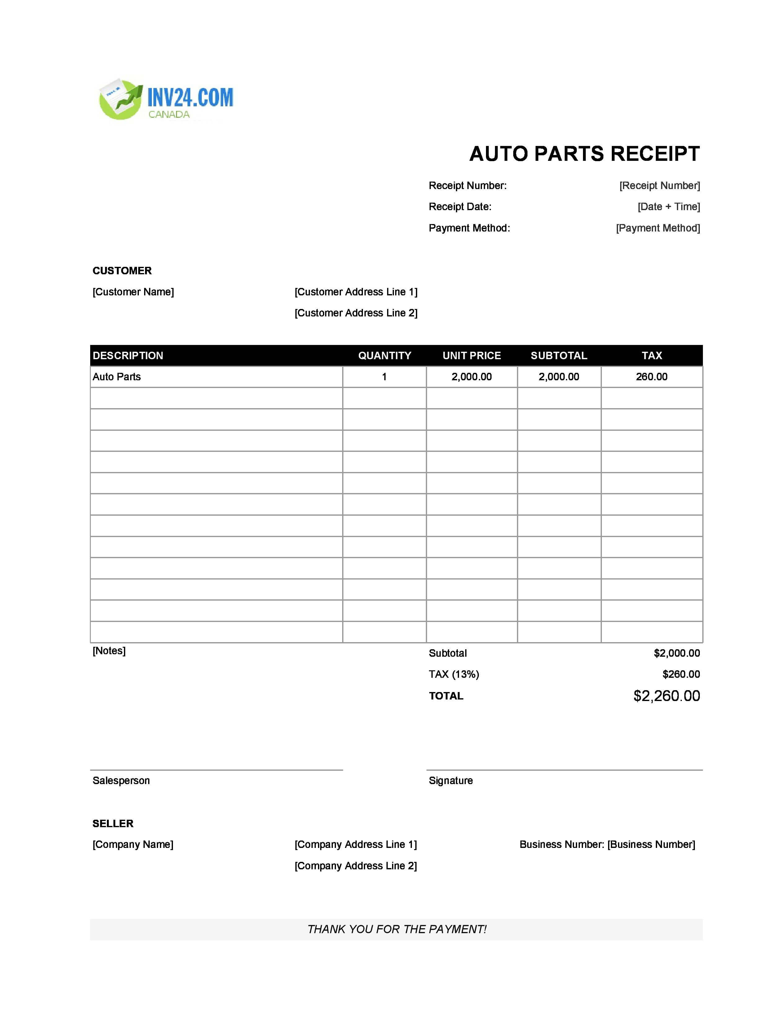 Auto Parts Receipt Template for Canada (Excel / Google Sheets)