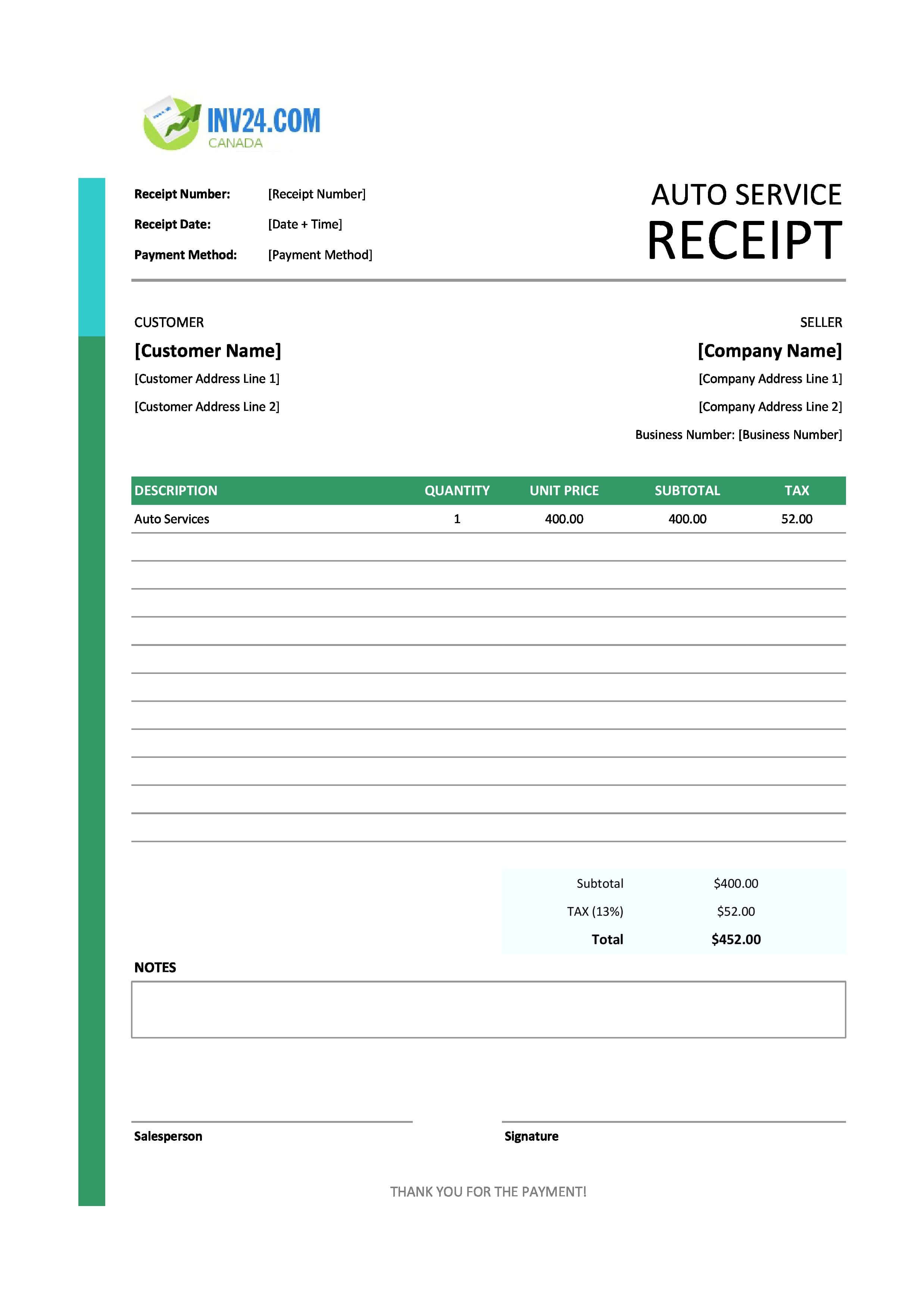 Auto Service Receipt Template for Canada (Excel / Google Sheets)