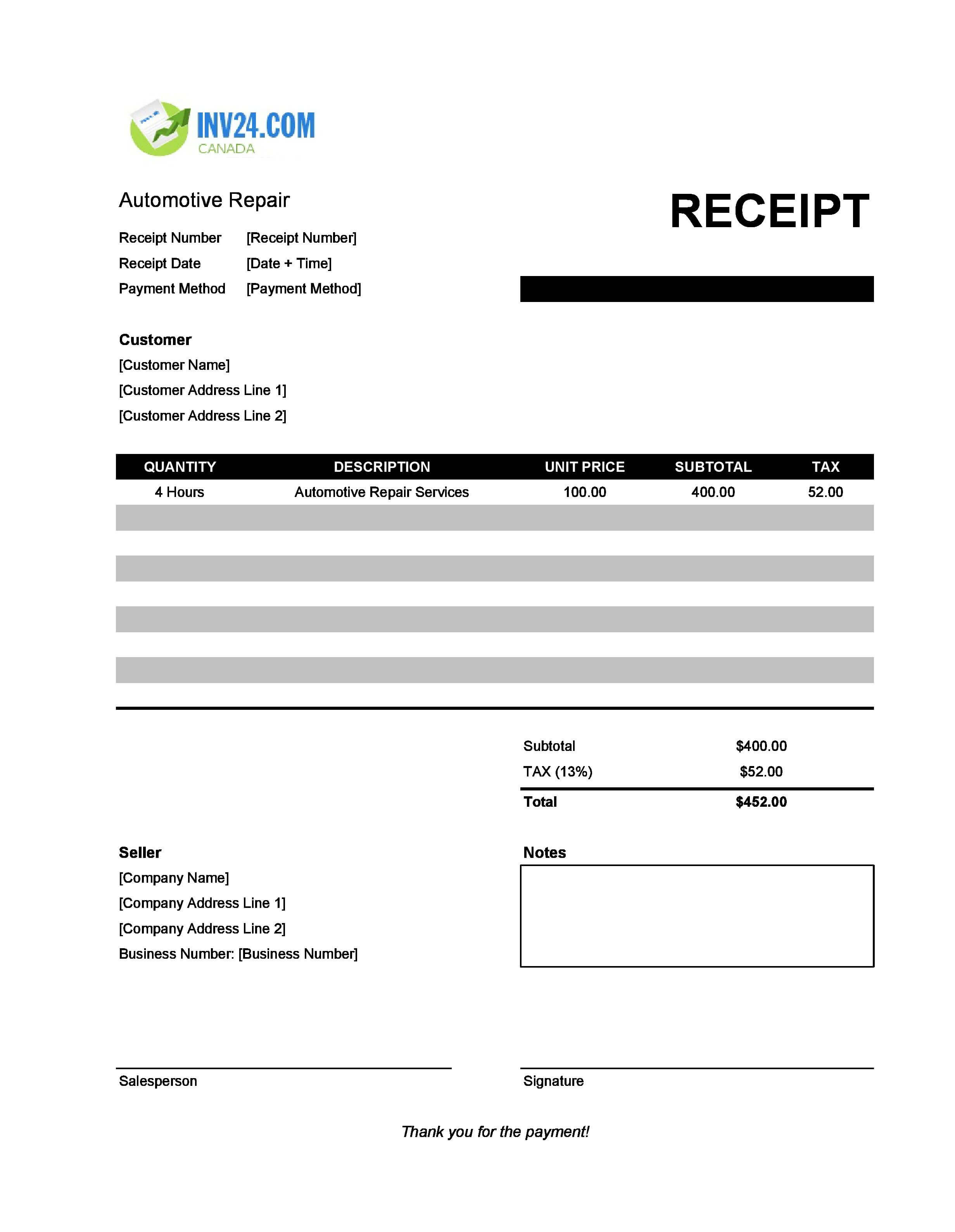 Automotive Repair Receipt Template for Canada (Excel / Google Sheets)