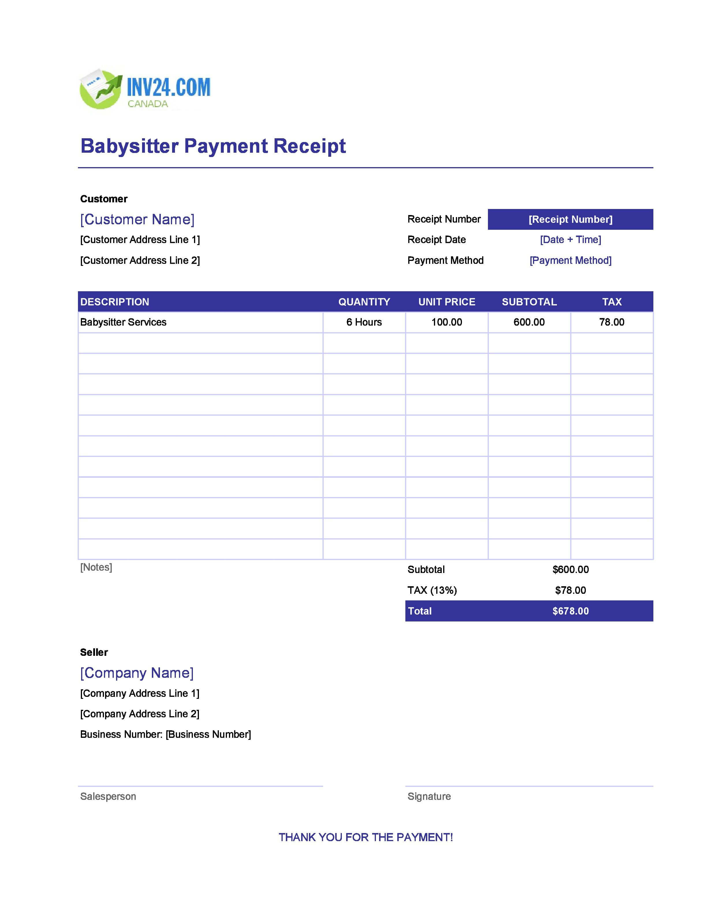 Babysitter Payment Receipt Template for Canada (Excel / Google Sheets)