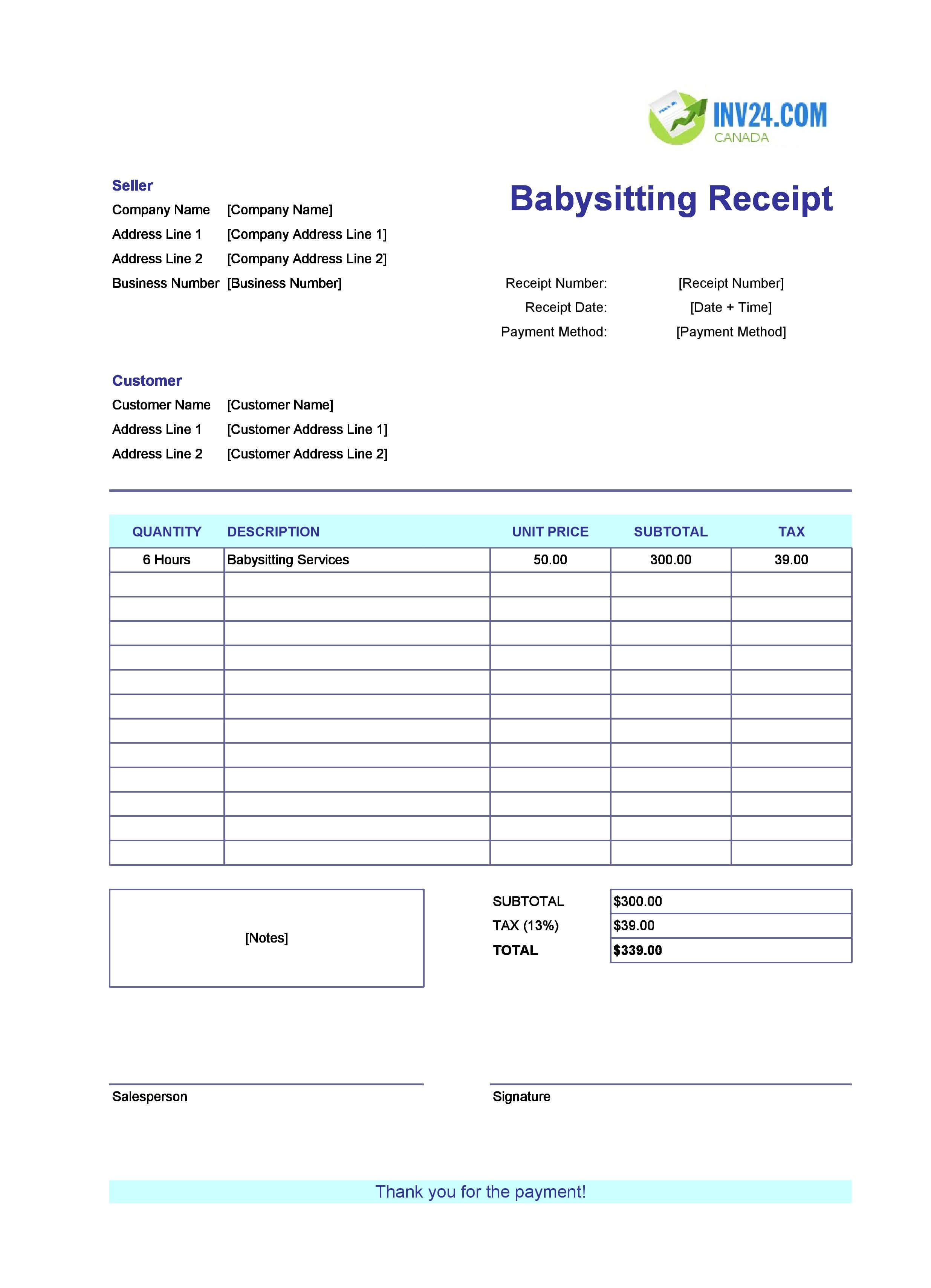 Babysitting Receipt Template for Canada (Excel / Google Sheets)