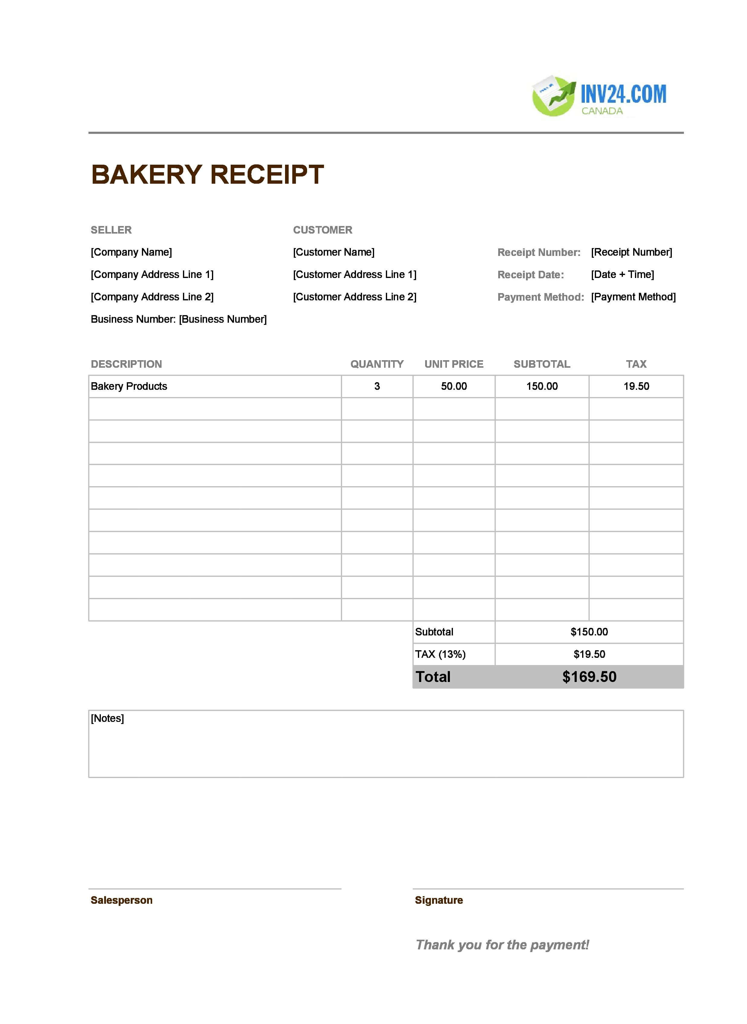 Bakery Receipt Template for Canada (Excel / Google Sheets)