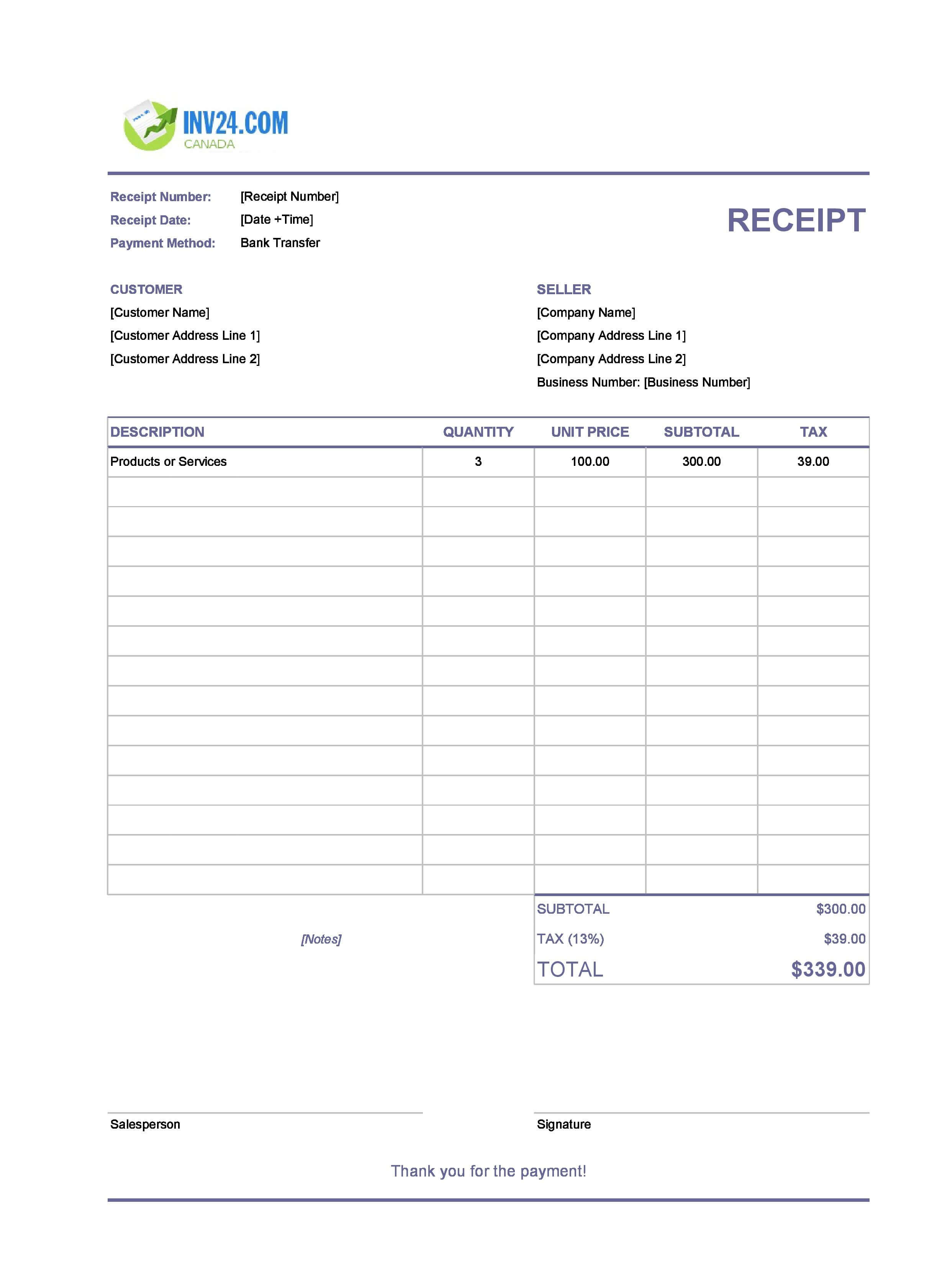 Bank Transfer Receipt Template for Canada (Excel / Google Sheets)