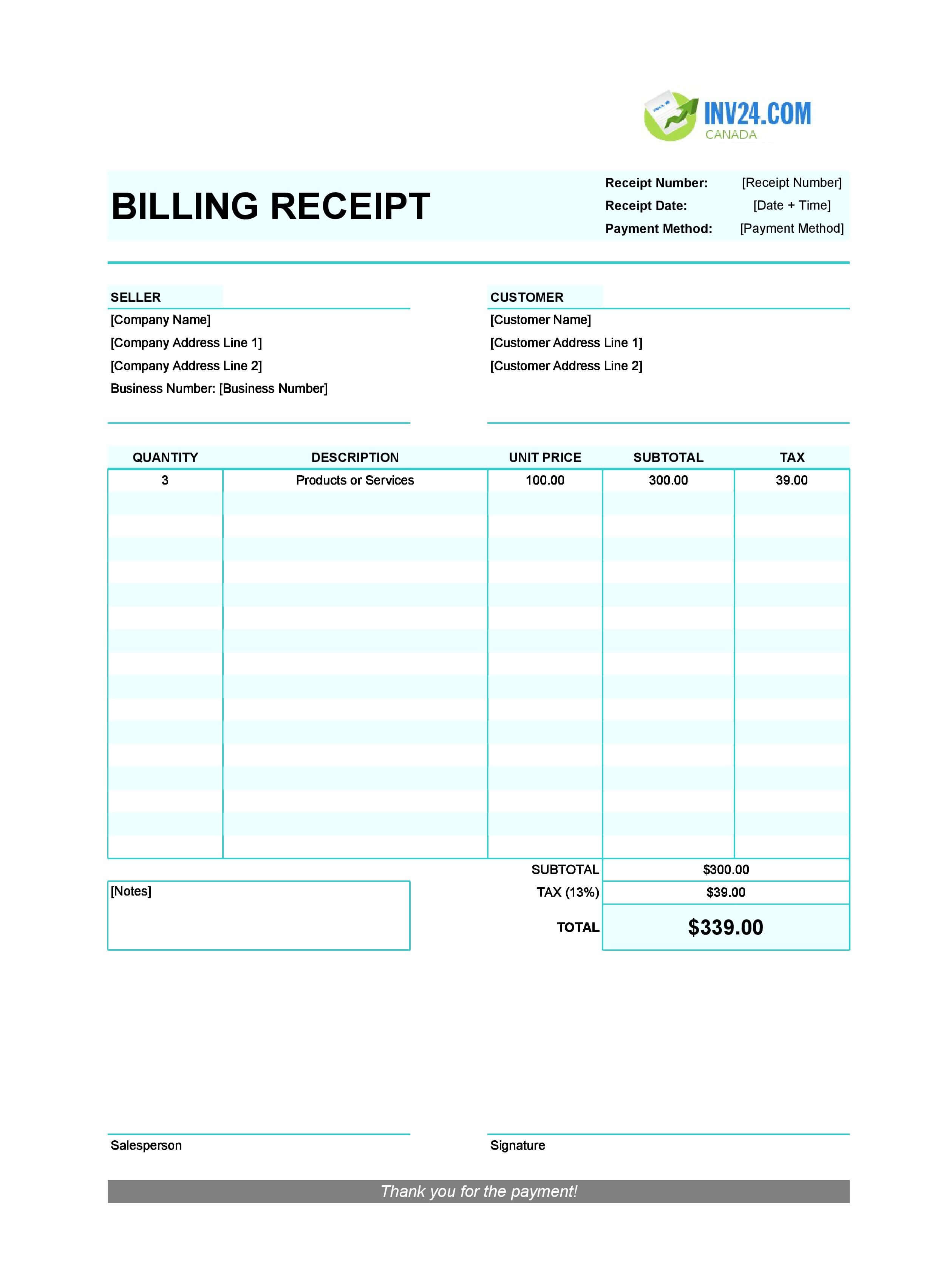 Billing Receipt Template for Canada (Excel / Google Sheets)