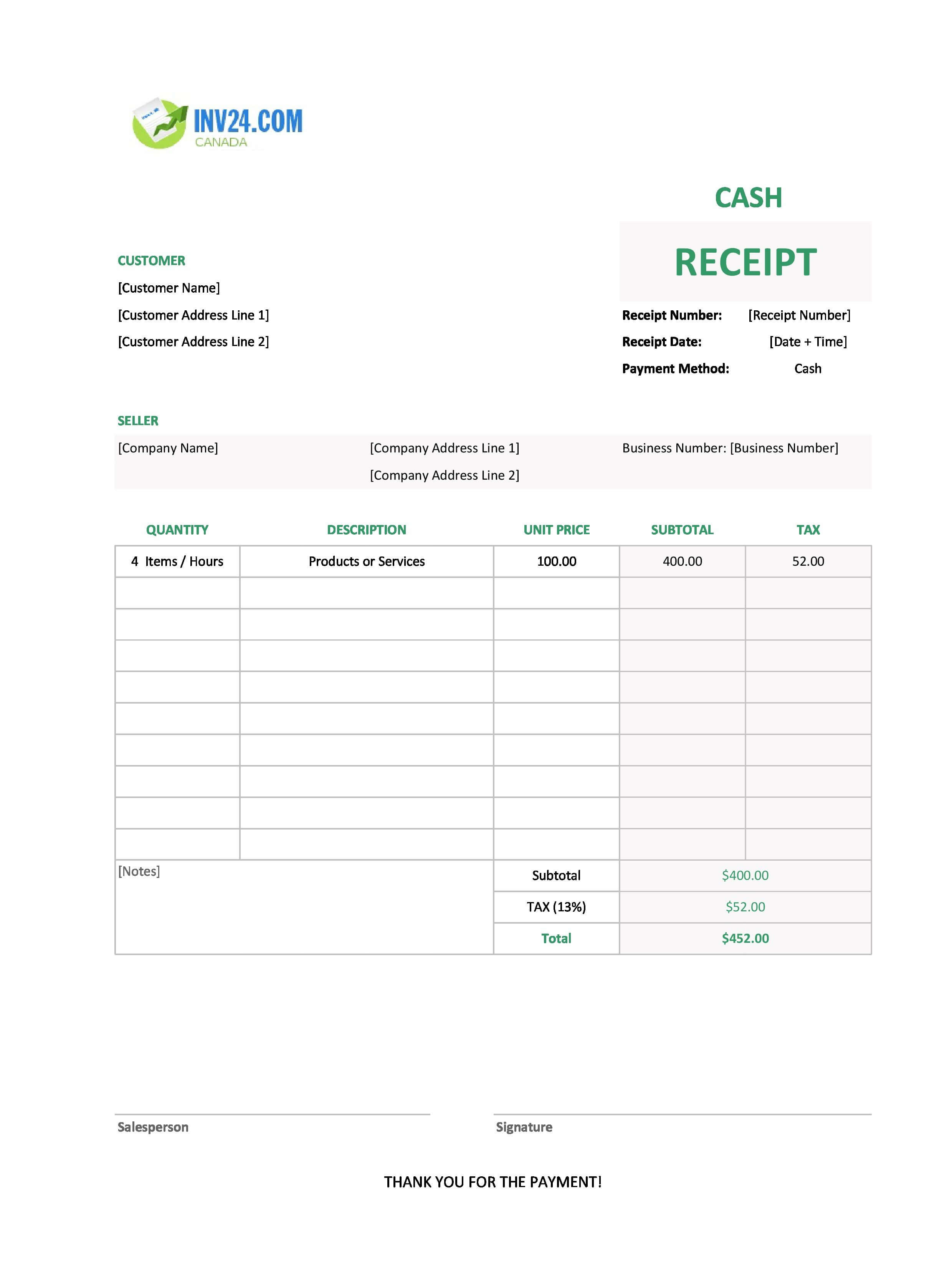 Blank Cash Receipt Template for Canada (Excel / Google Sheets)