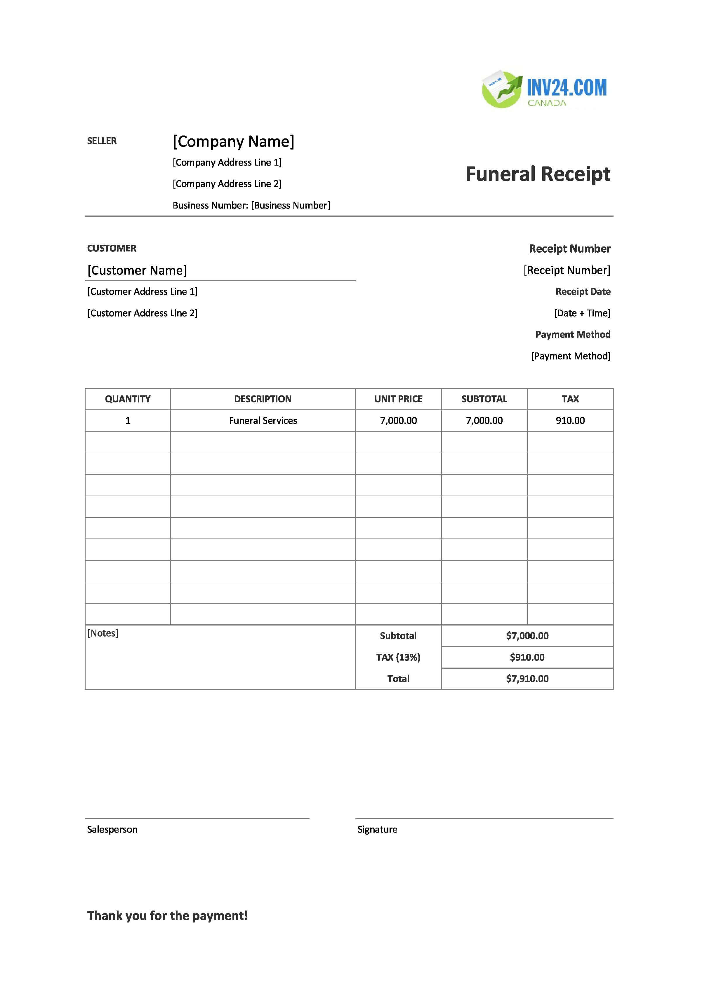 Blank Funeral Receipt Template for Canada (Excel / Google Sheets)