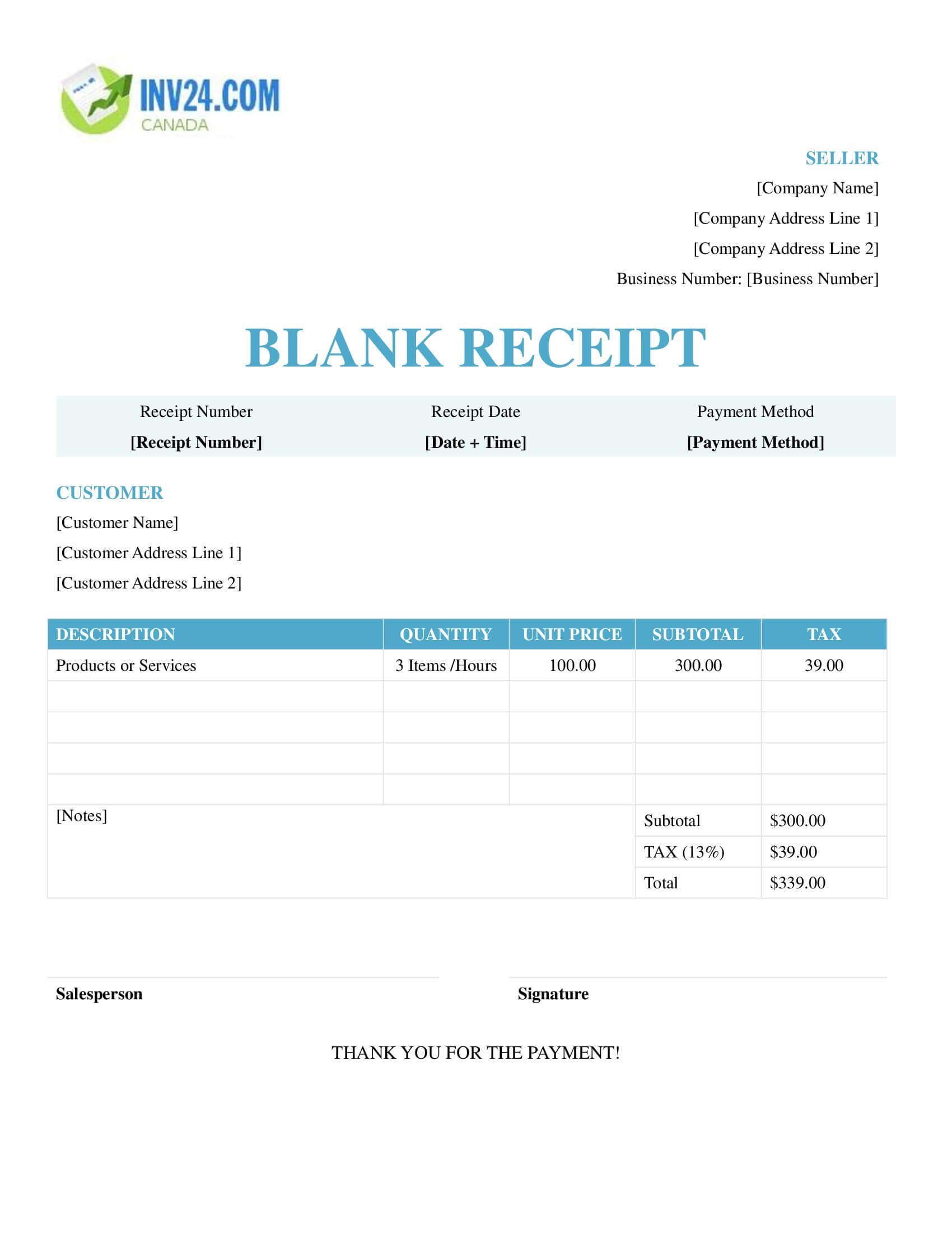 Blank Receipt Template for Canada (Word / Google Docs)