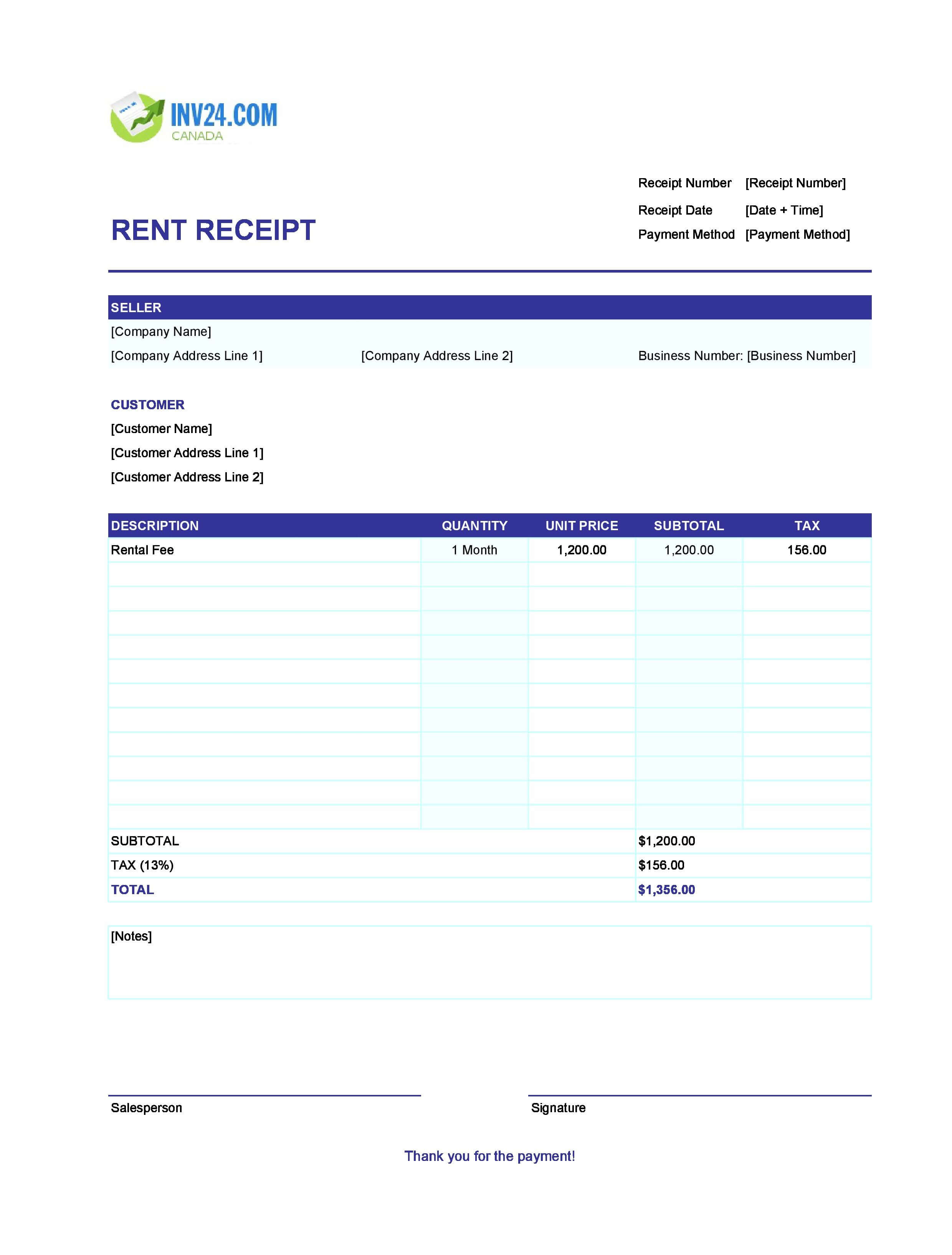 Blank Rent Receipt Template for Canada (Excel / Google Sheets)