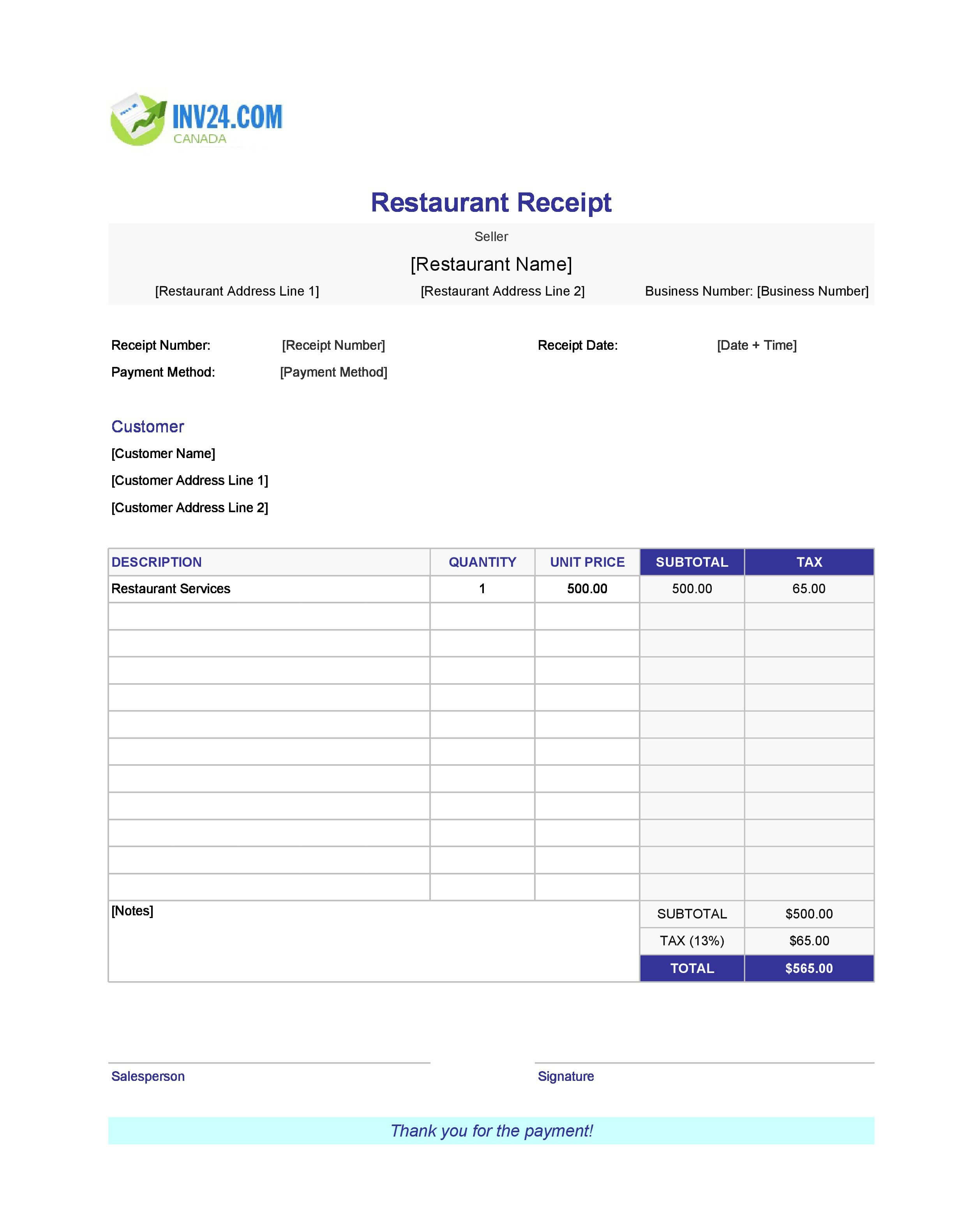 Blank Restaurant Receipt Template for Canada (Excel / Google Sheets)