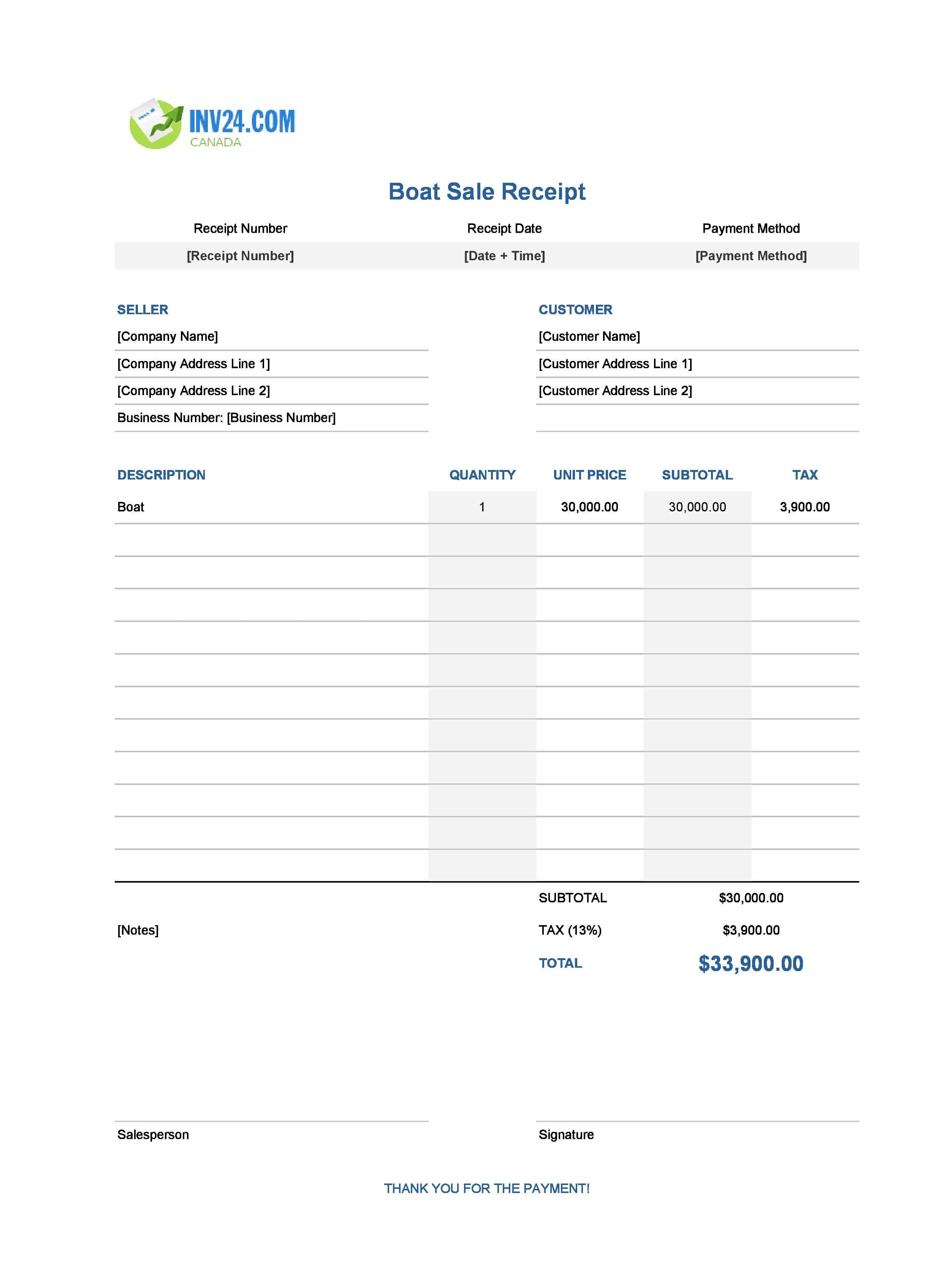 Boat Sale Receipt Template for Canada (Excel / Google Sheets)