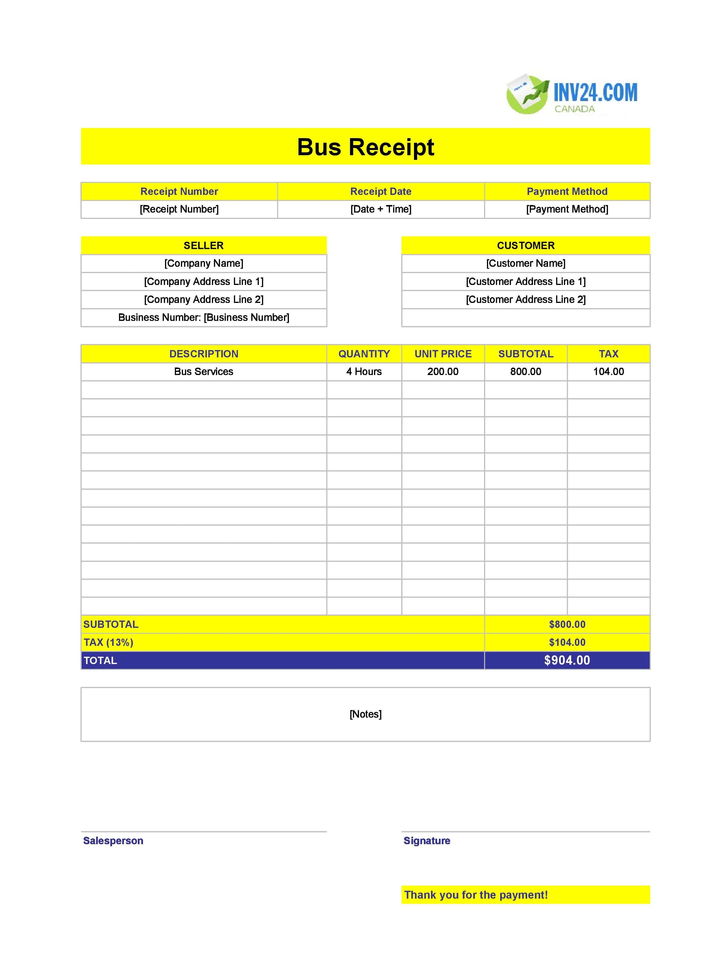 Bus Receipt Template for Canada (Excel / Google Sheets)