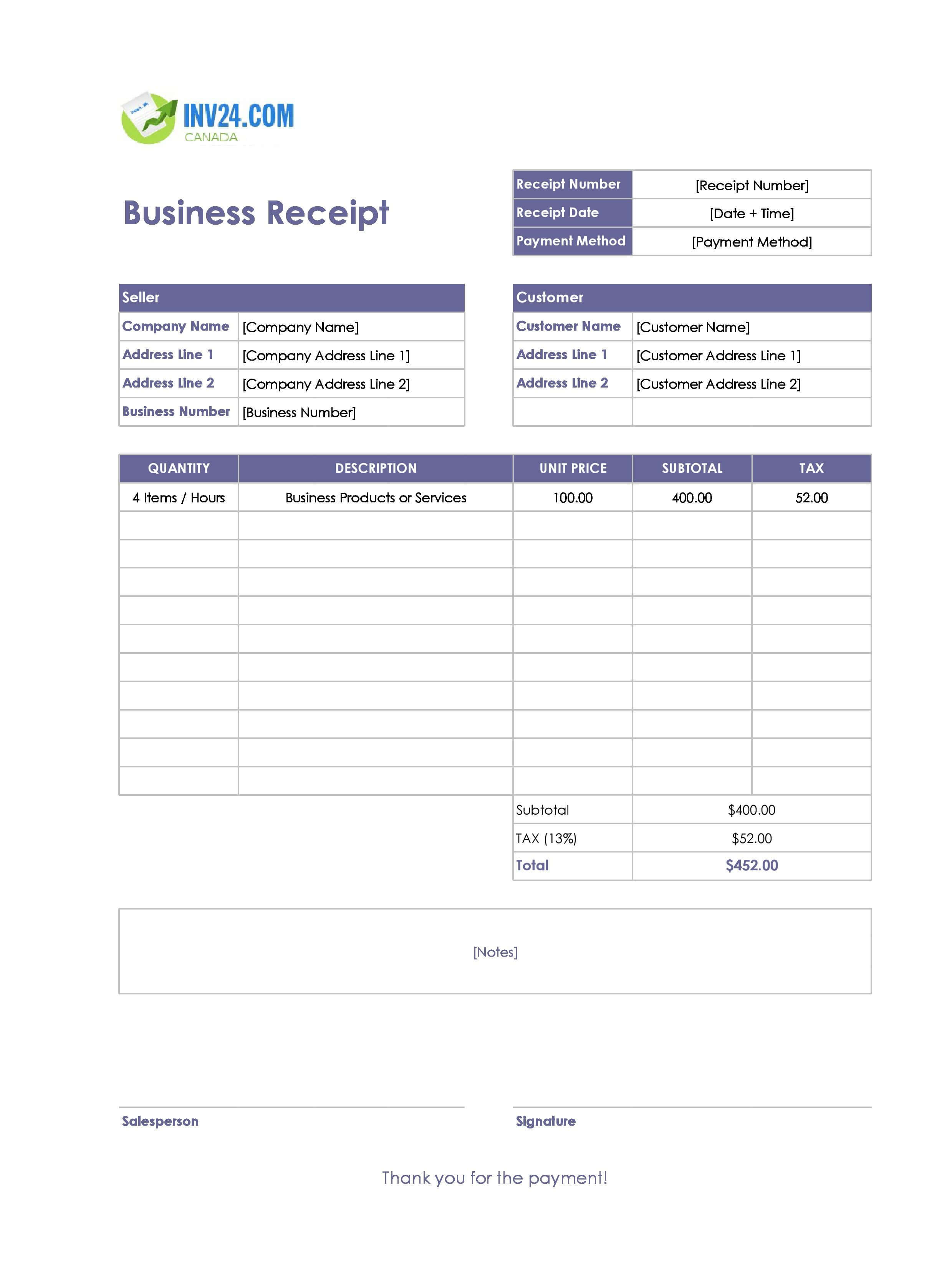 Business Receipt Template for Canada (Excel / Google Sheets)