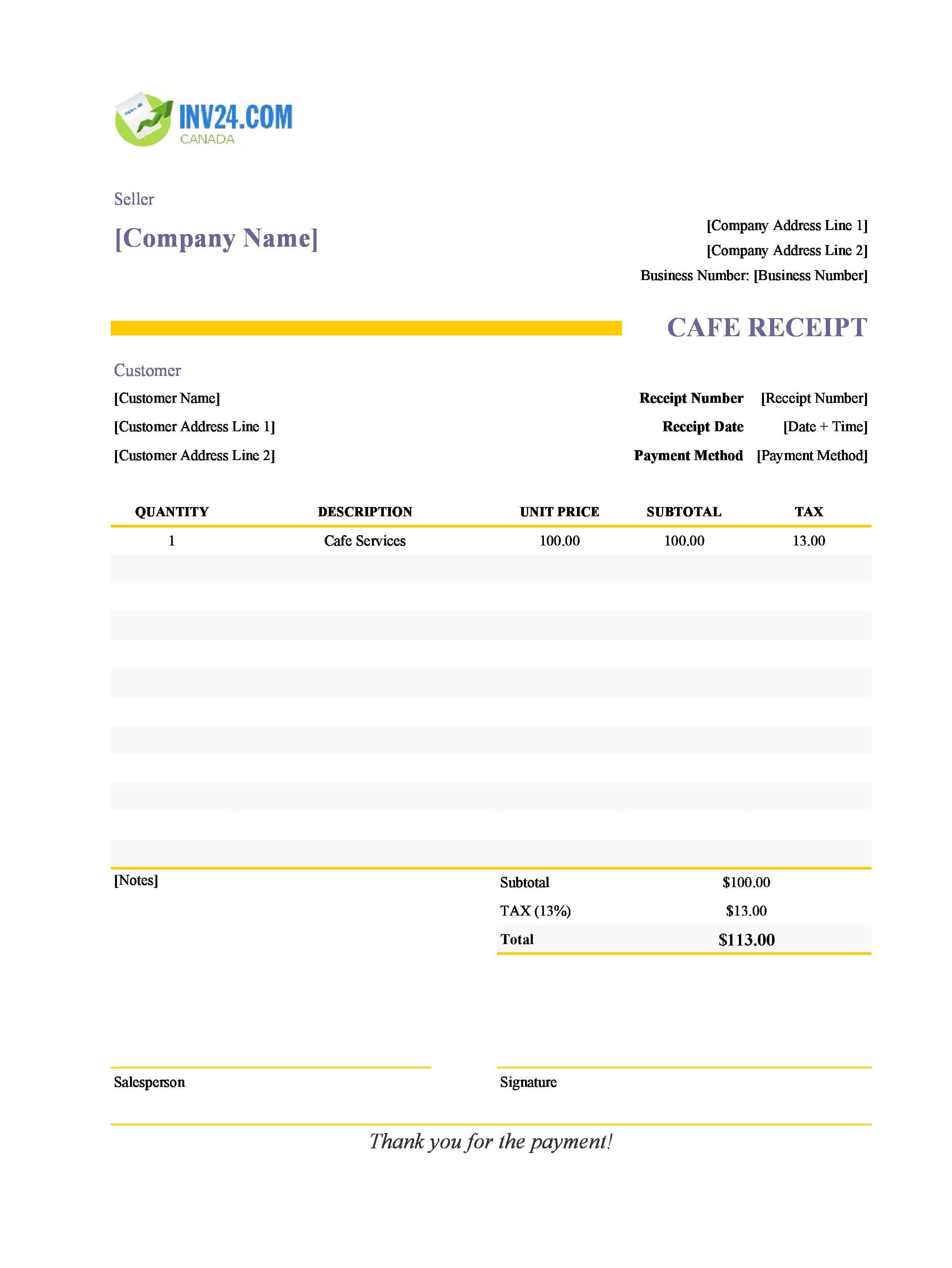 Cafe Receipt Template for Canada (Excel / Google Sheets)
