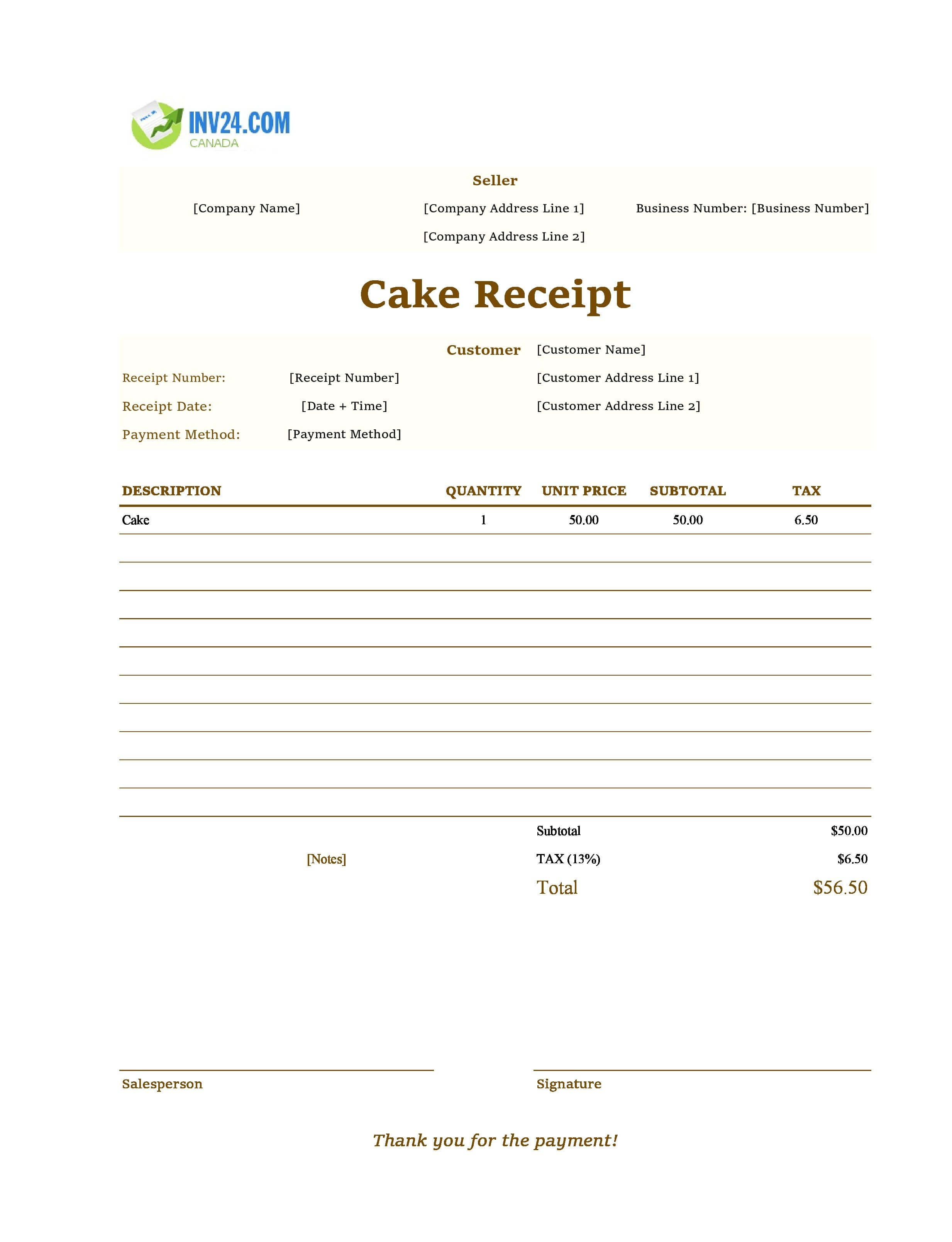 Cake Receipt Template for Canada (Excel / Google Sheets)