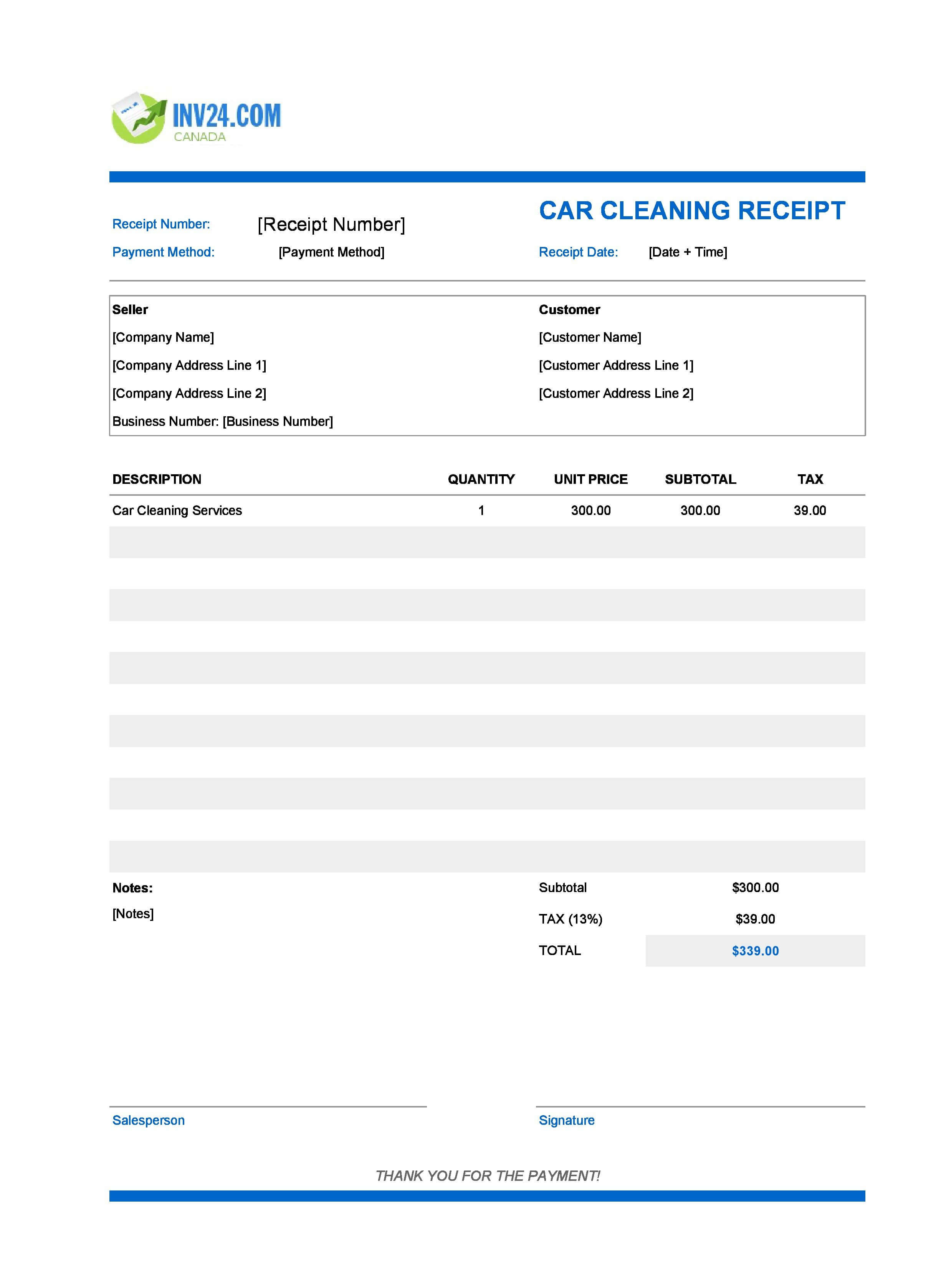 Car Cleaning Receipt Template for Canada (Excel / Google Sheets)