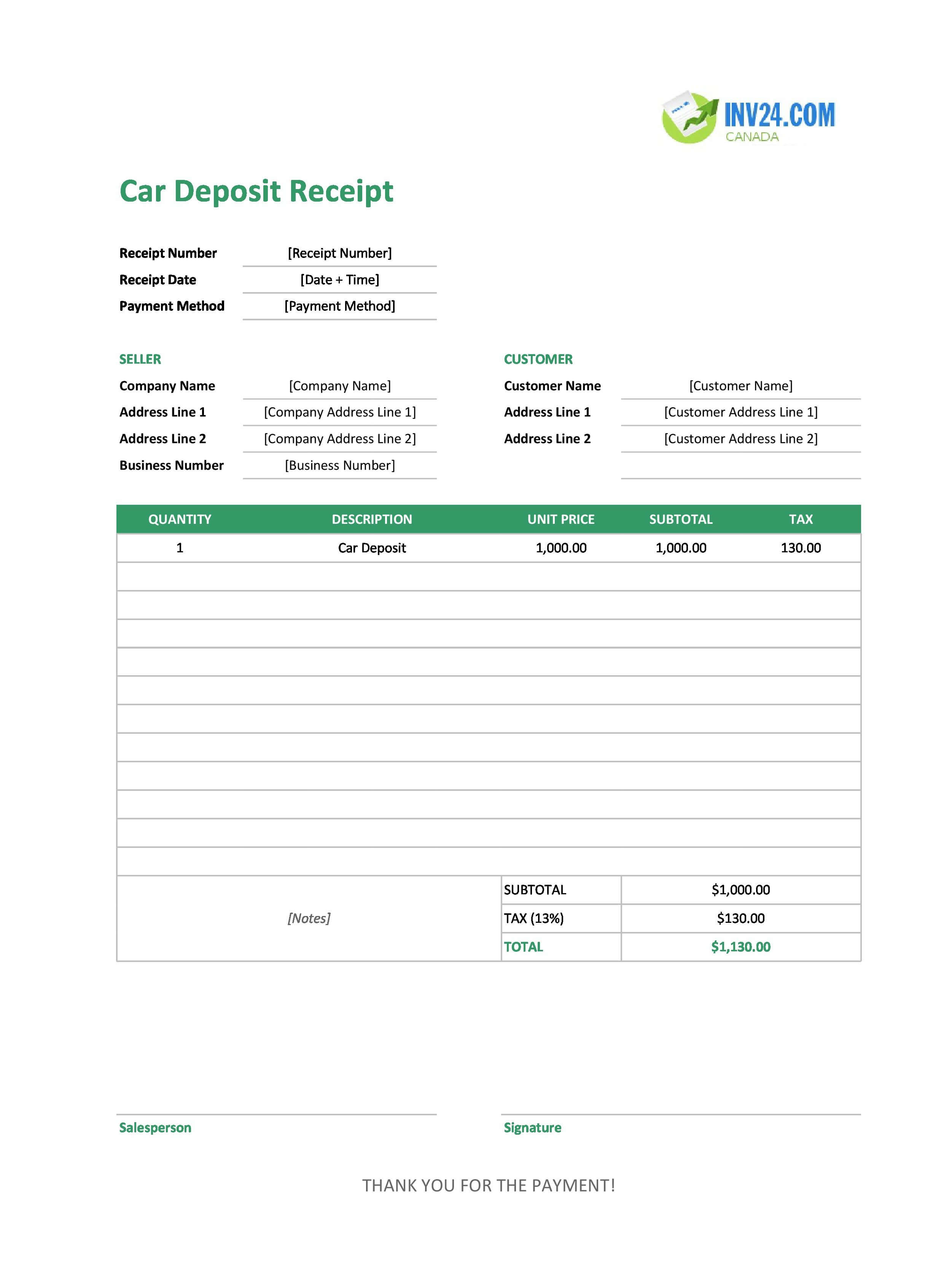 Car Deposit Receipt Template for Canada (Excel / Google Sheets)