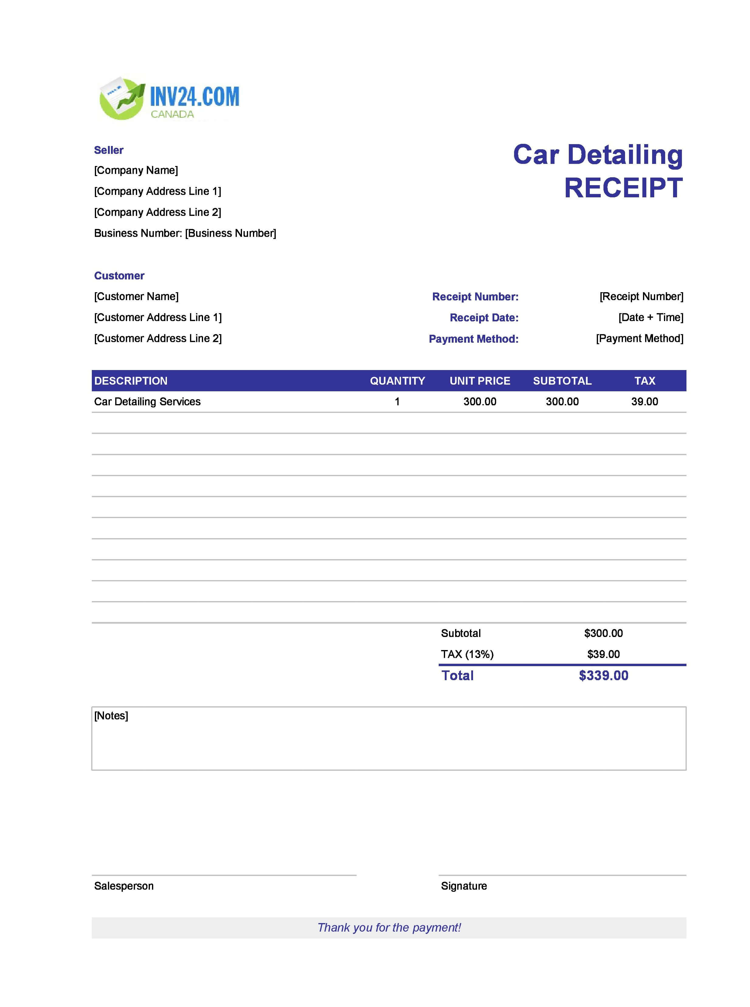 Car Detailing Receipt Template for Canada (Excel / Google Sheets)