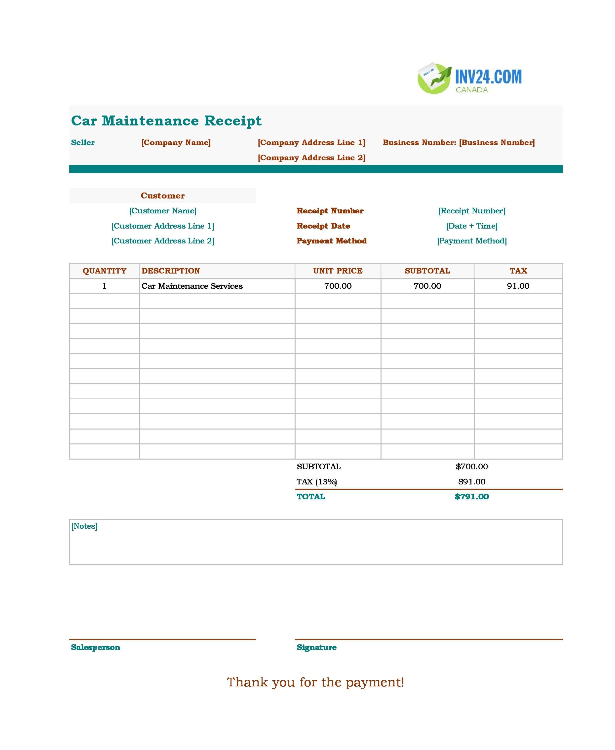 Car Maintenance Receipt Template for Canada (Excel / Google Sheets)