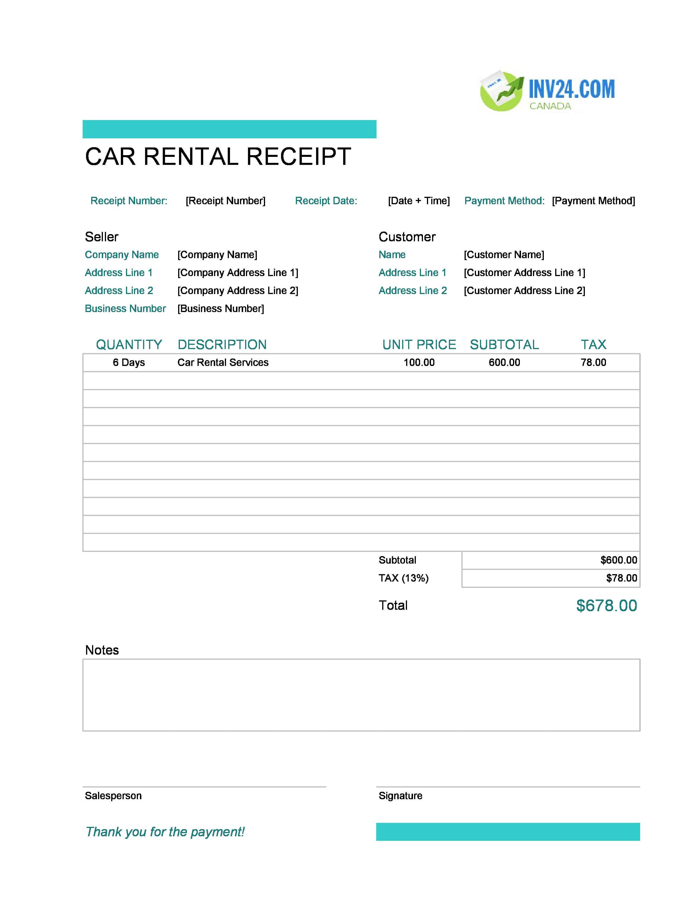 Car Rental Receipt Template for Canada (Excel / Google Sheets)