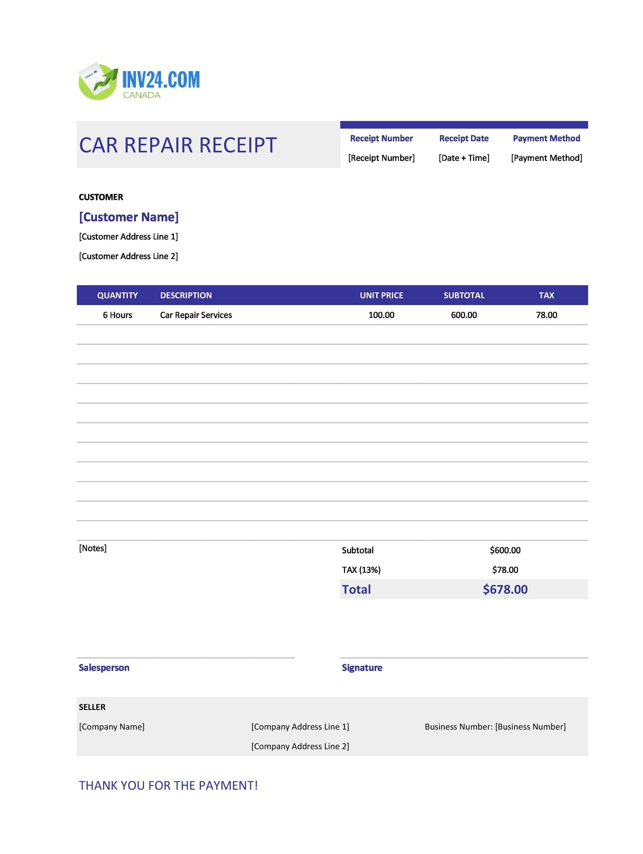 Car Repair Receipt Template for Canada (Excel / Google Sheets)