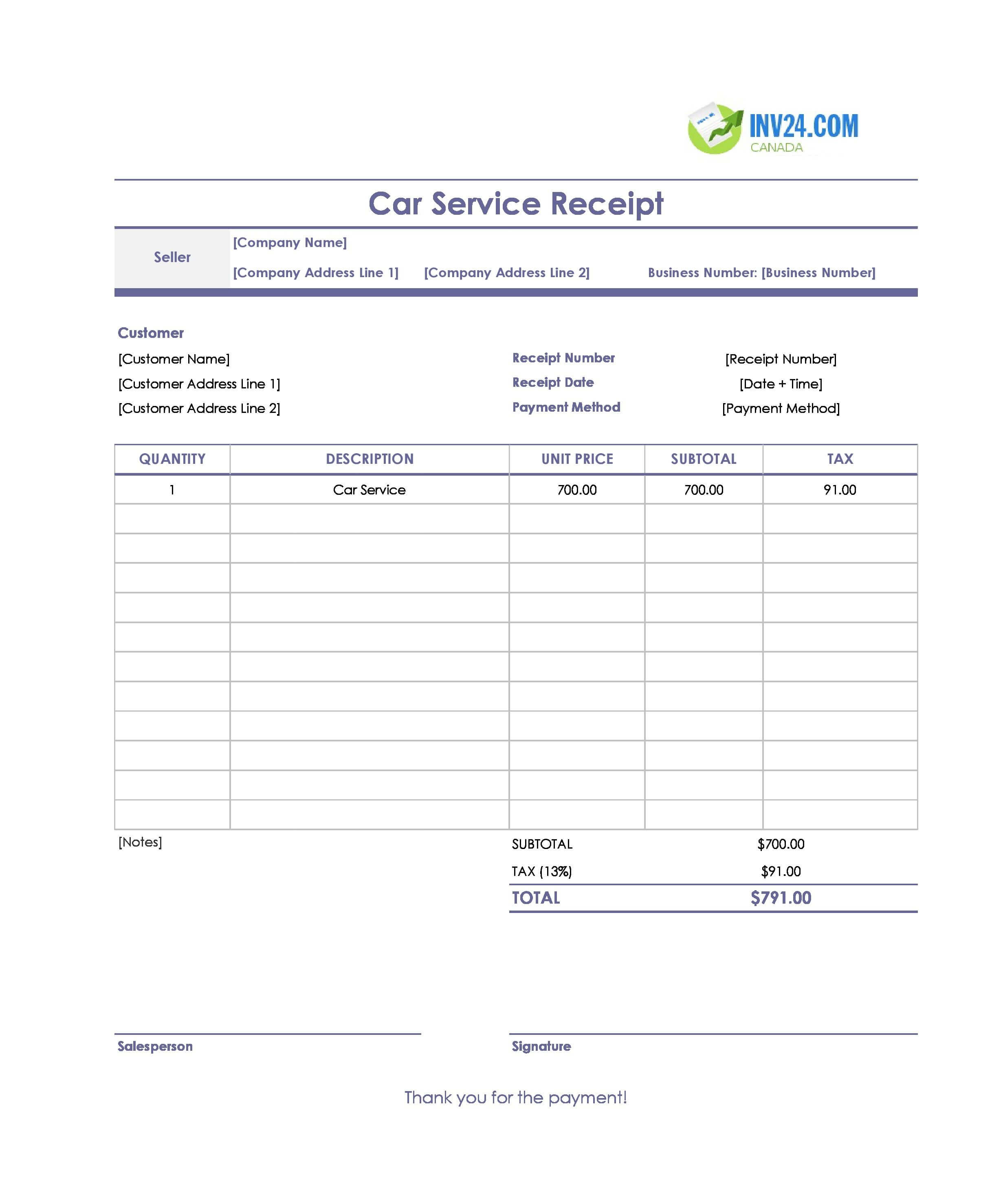 Car Service Receipt Template for Canada (Excel / Google Sheets)