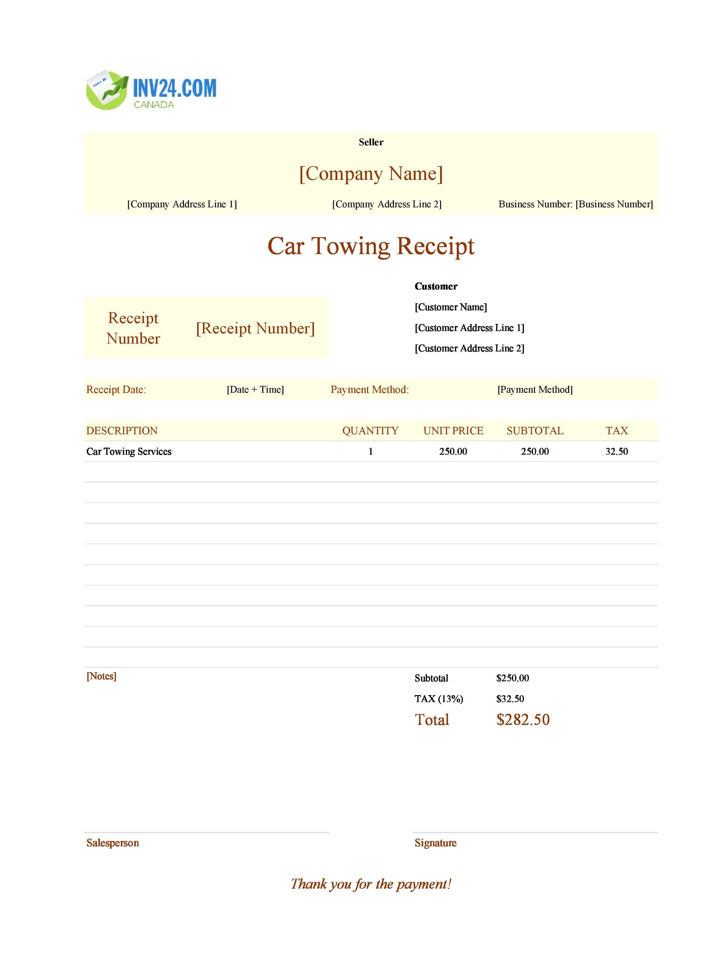 Car Towing Receipt Template for Canada (Excel / Google Sheets)
