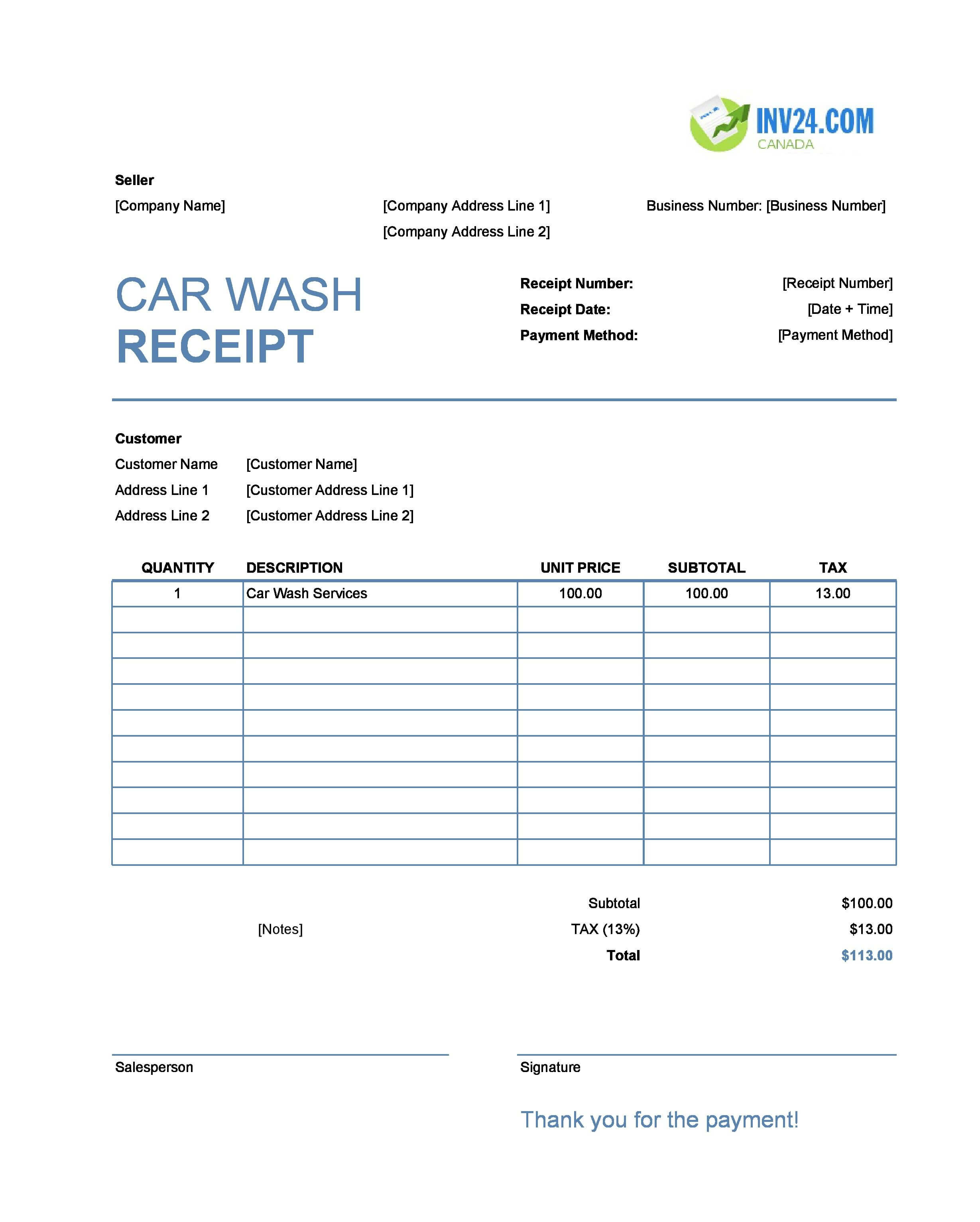 Car Wash Receipt Template for Canada (Excel / Google Sheets)