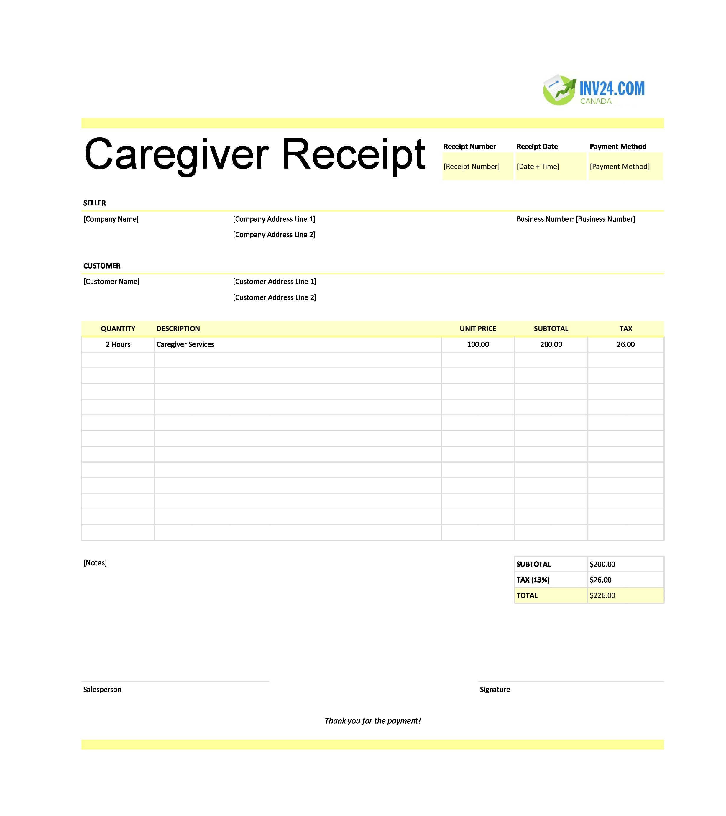 Caregiver Receipt Template for Canada (Excel / Google Sheets)