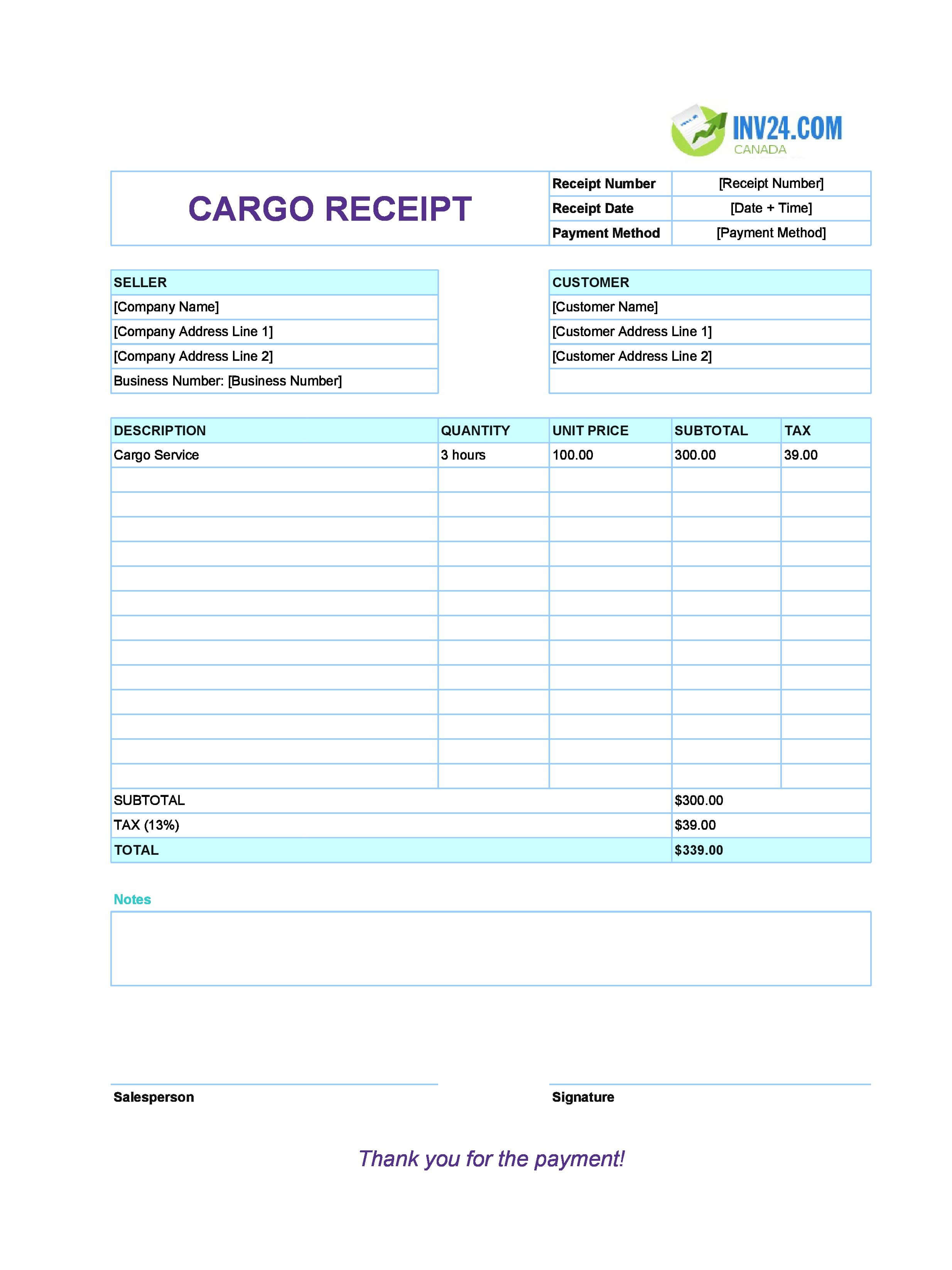 Cargo Receipt Template for Canada (Excel / Google Sheets)