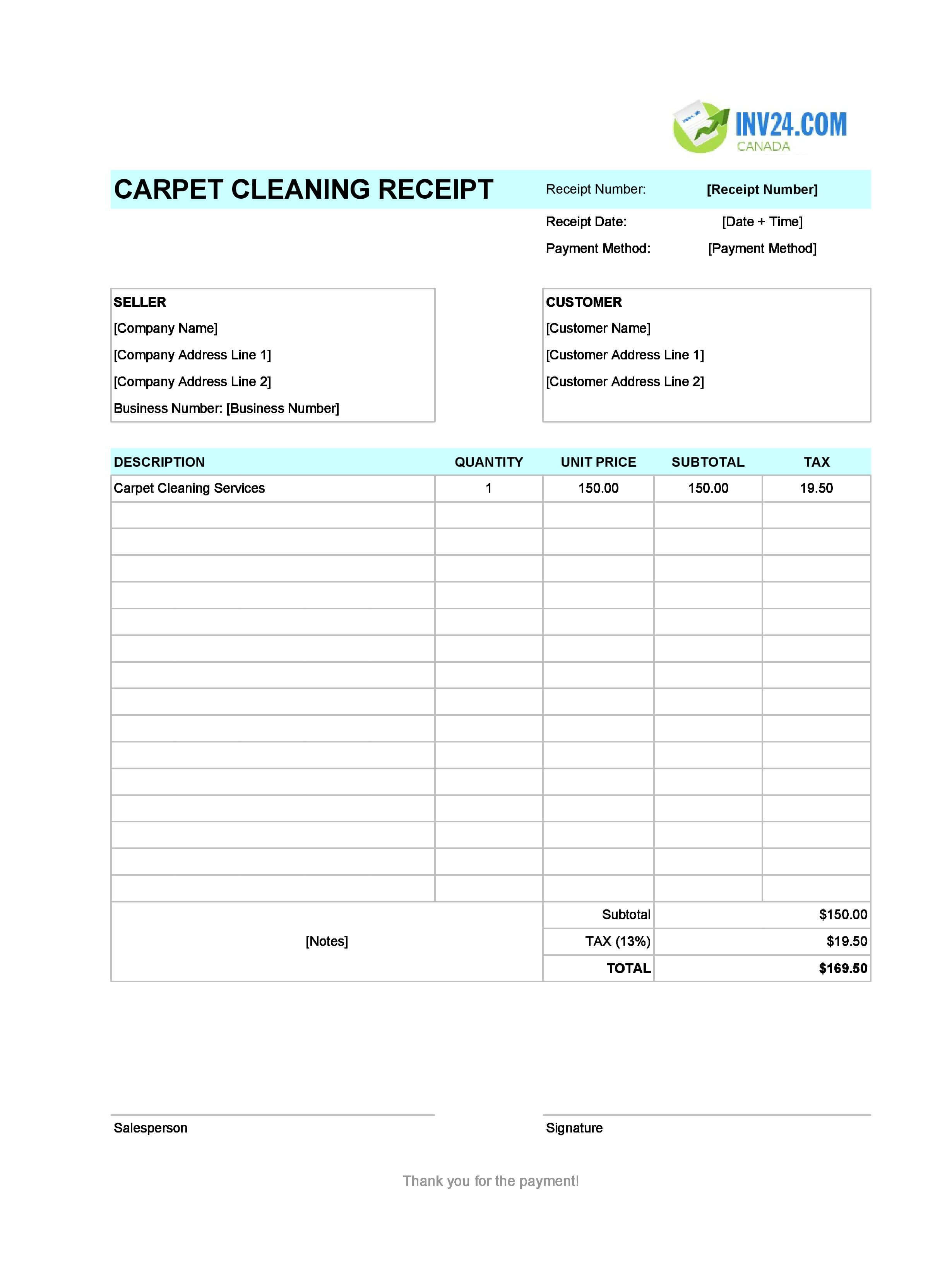 Carpet Cleaning Receipt Template for Canada (Excel / Google Sheets)