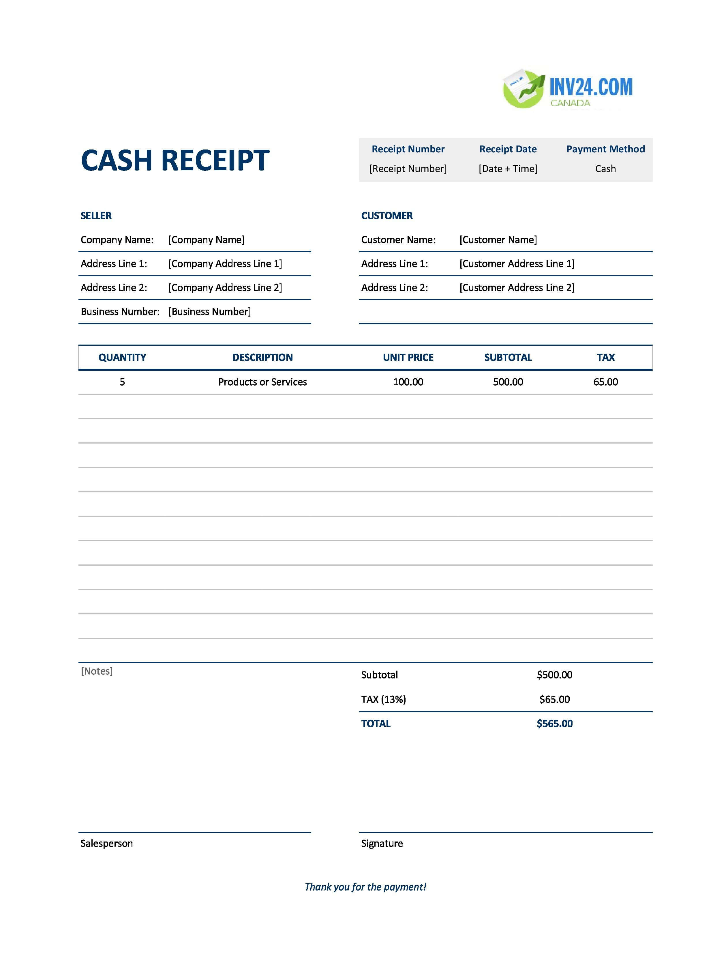Cash Receipt Template for Canada (Excel / Google Sheets)
