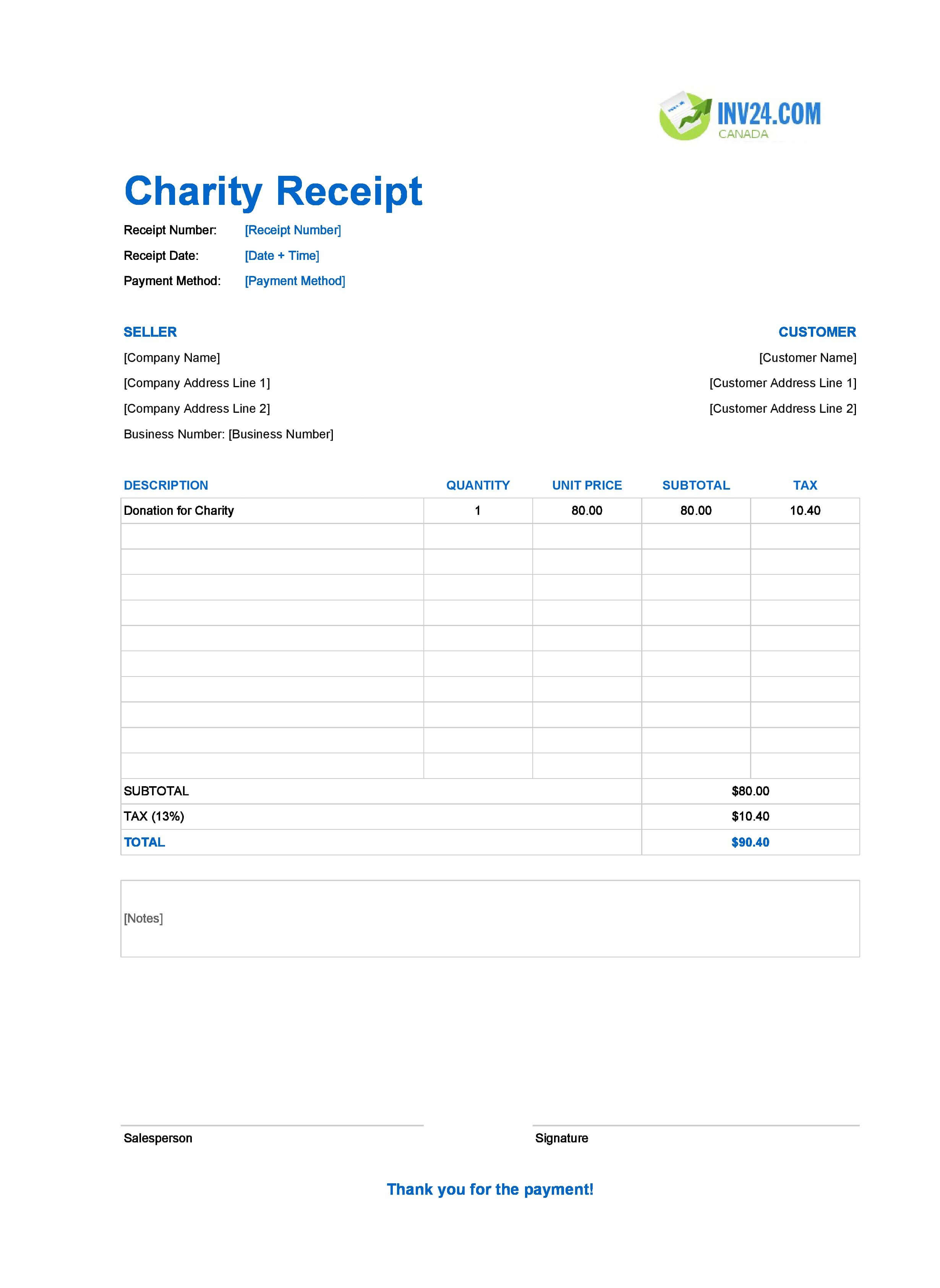 Charity Receipt Template for Canada (Excel / Google Sheets)