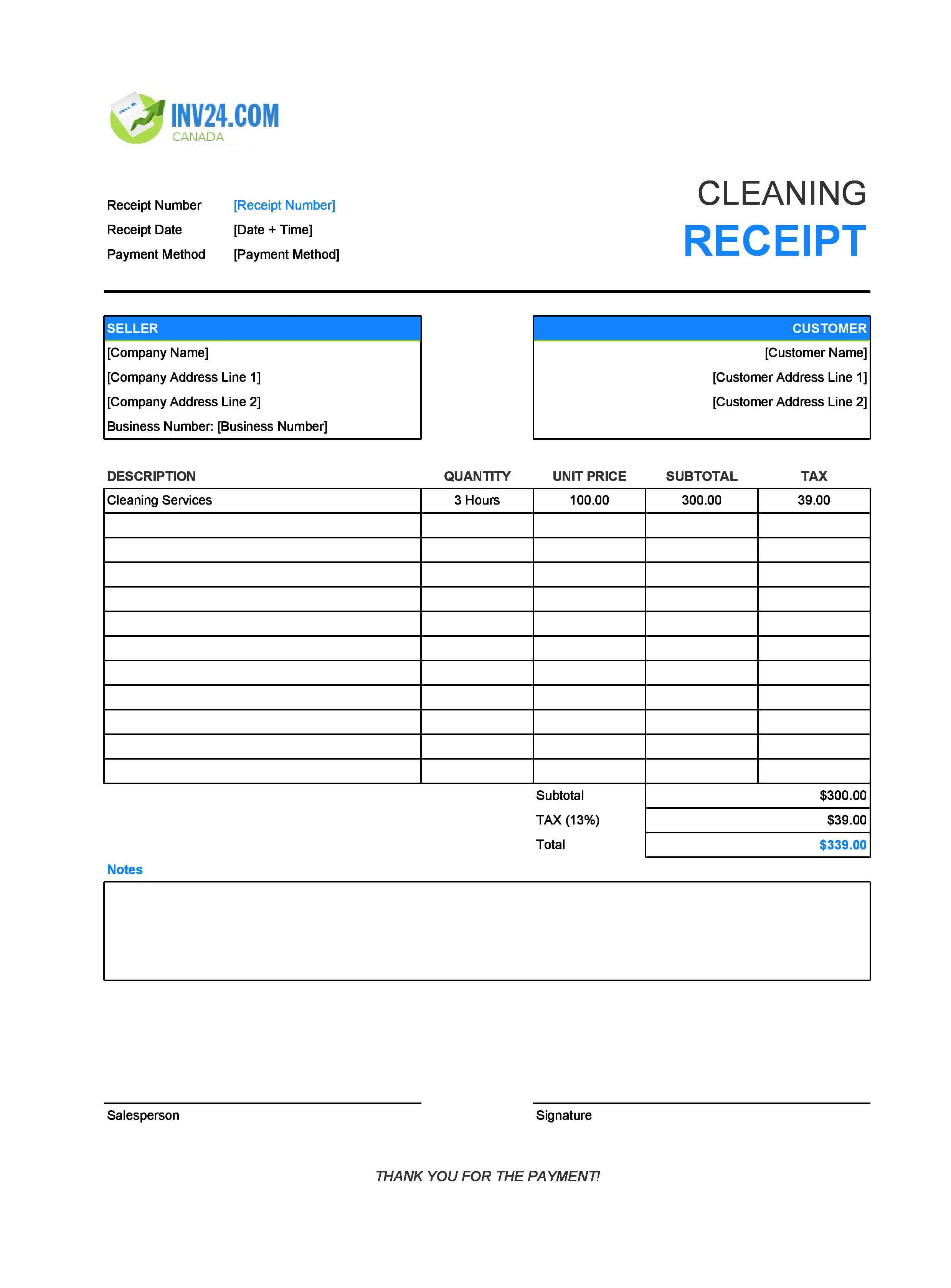 Cleaning Receipt Template for Canada (Excel / Google Sheets)
