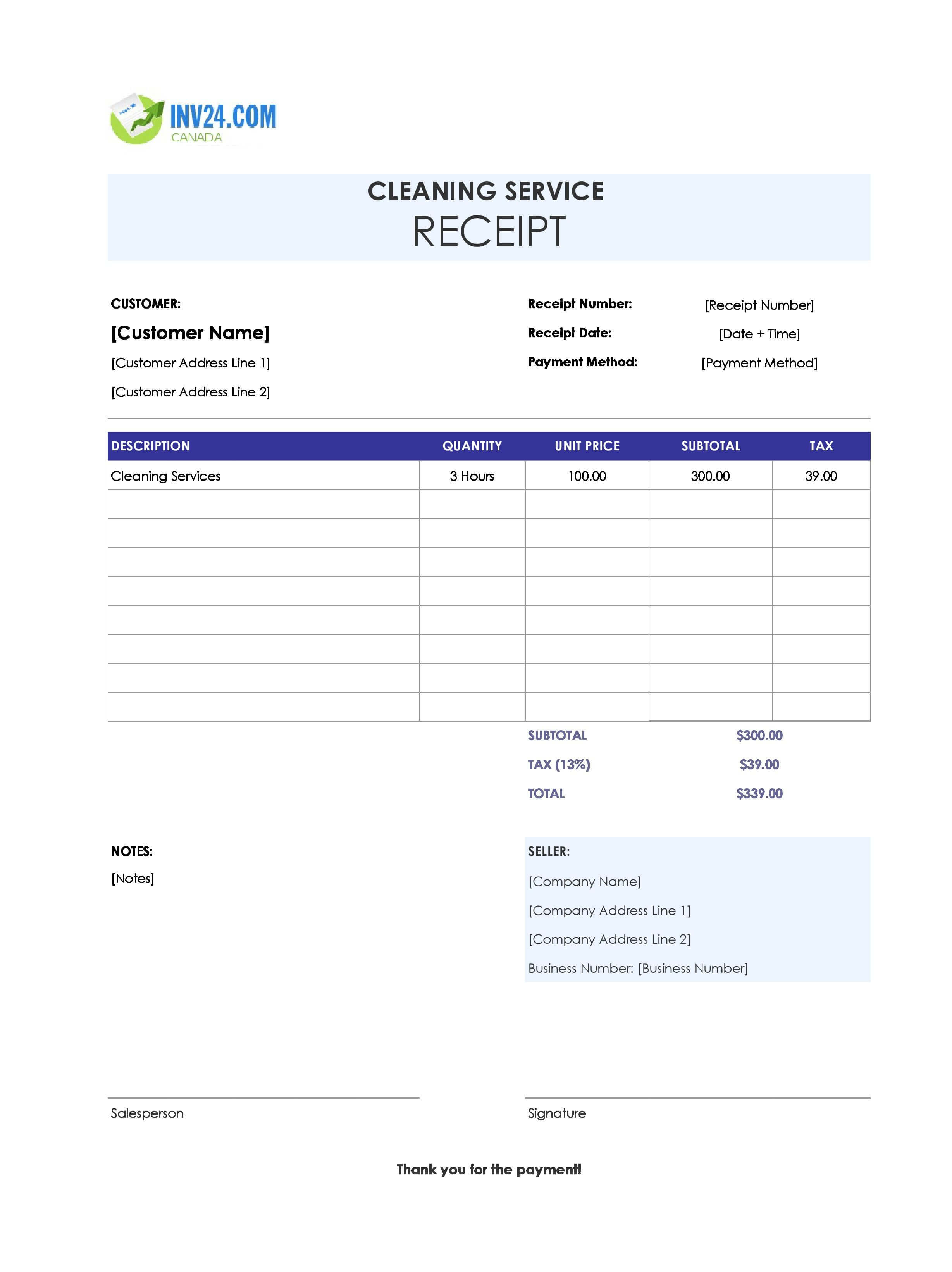 Cleaning Service Receipt Template for Canada (Excel / Google Sheets)
