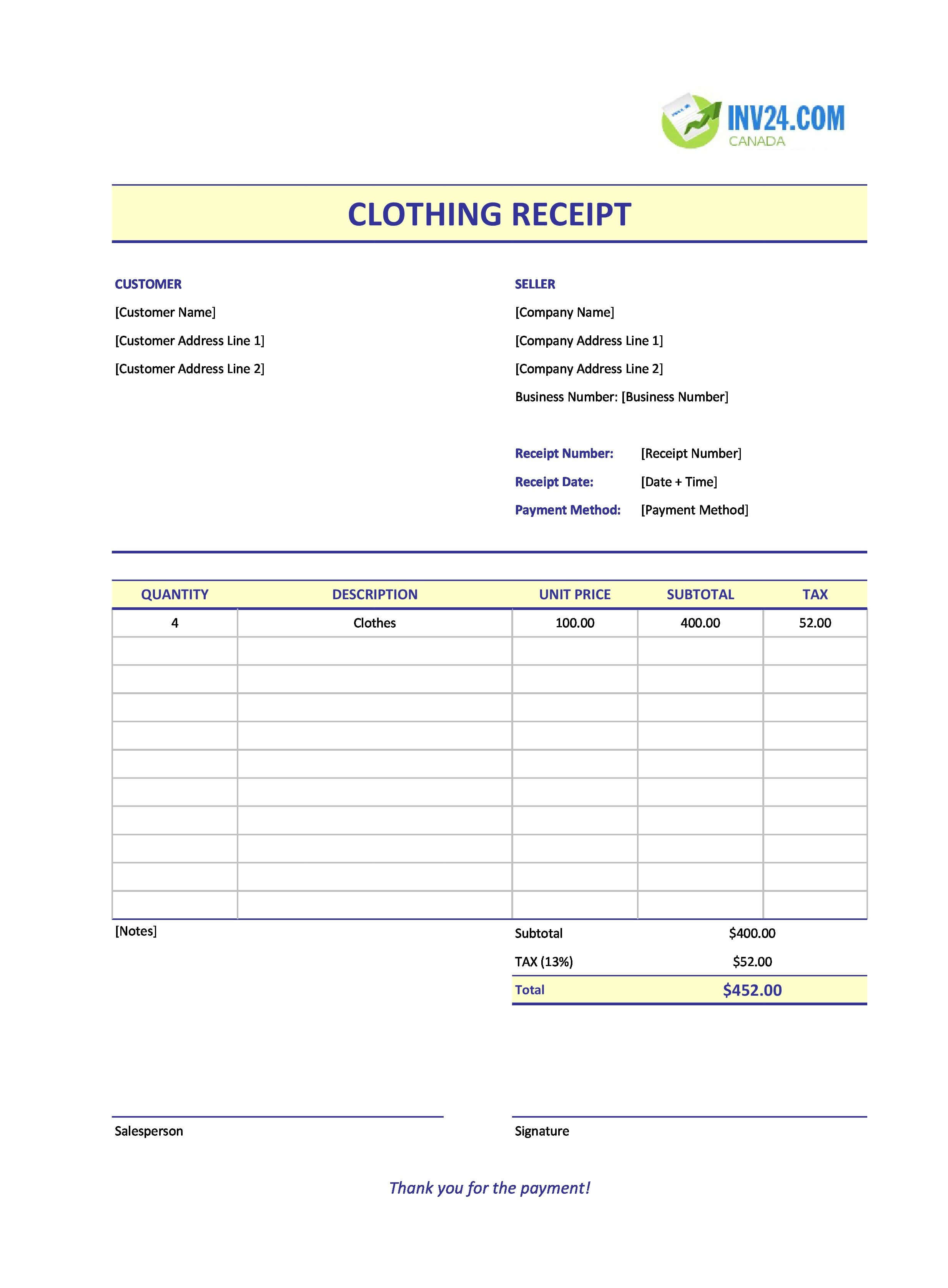 Clothing Receipt Template for Canada (Excel / Google Sheets)