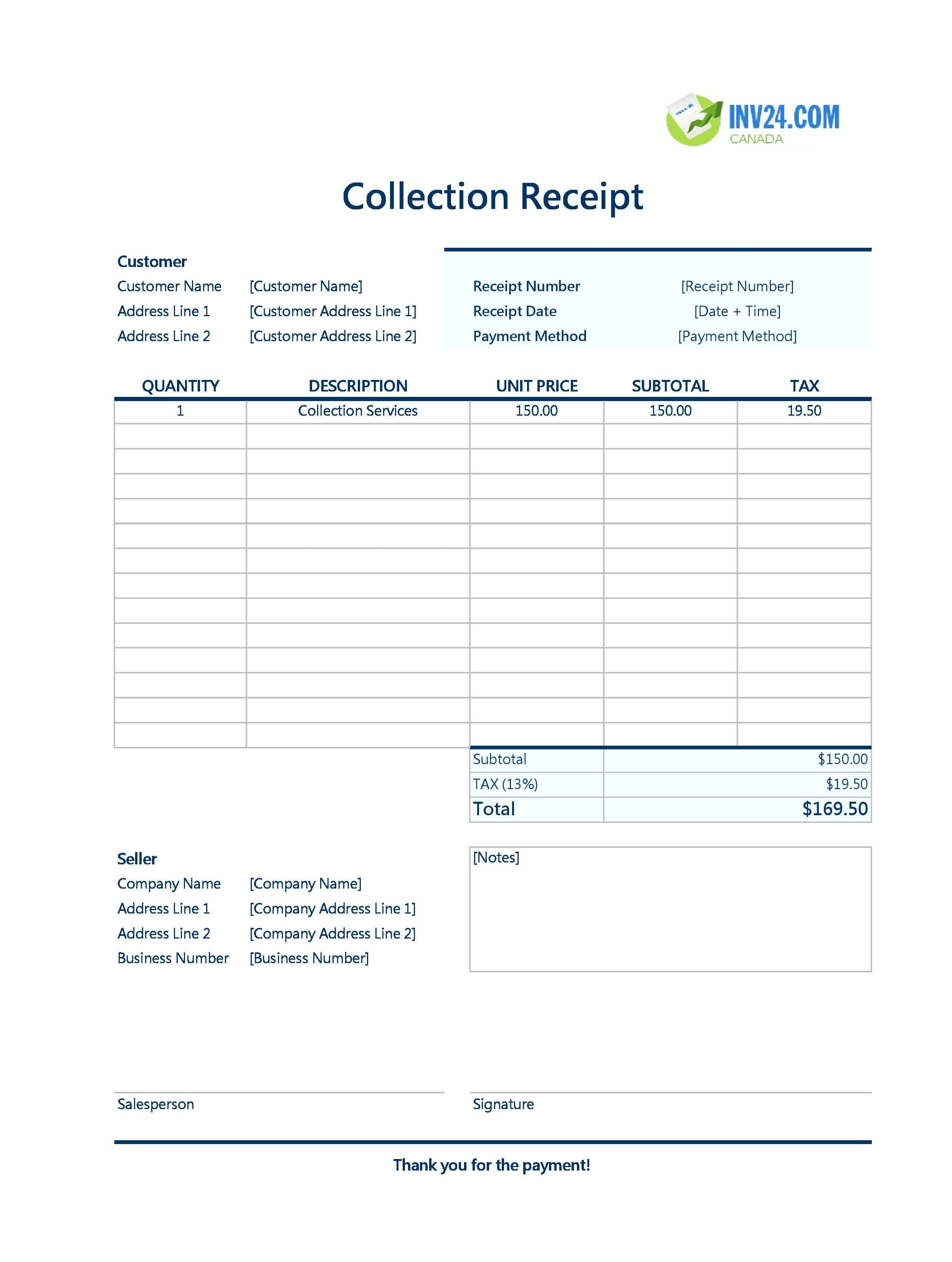 Collection Receipt Template for Canada (Excel / Google Sheets)