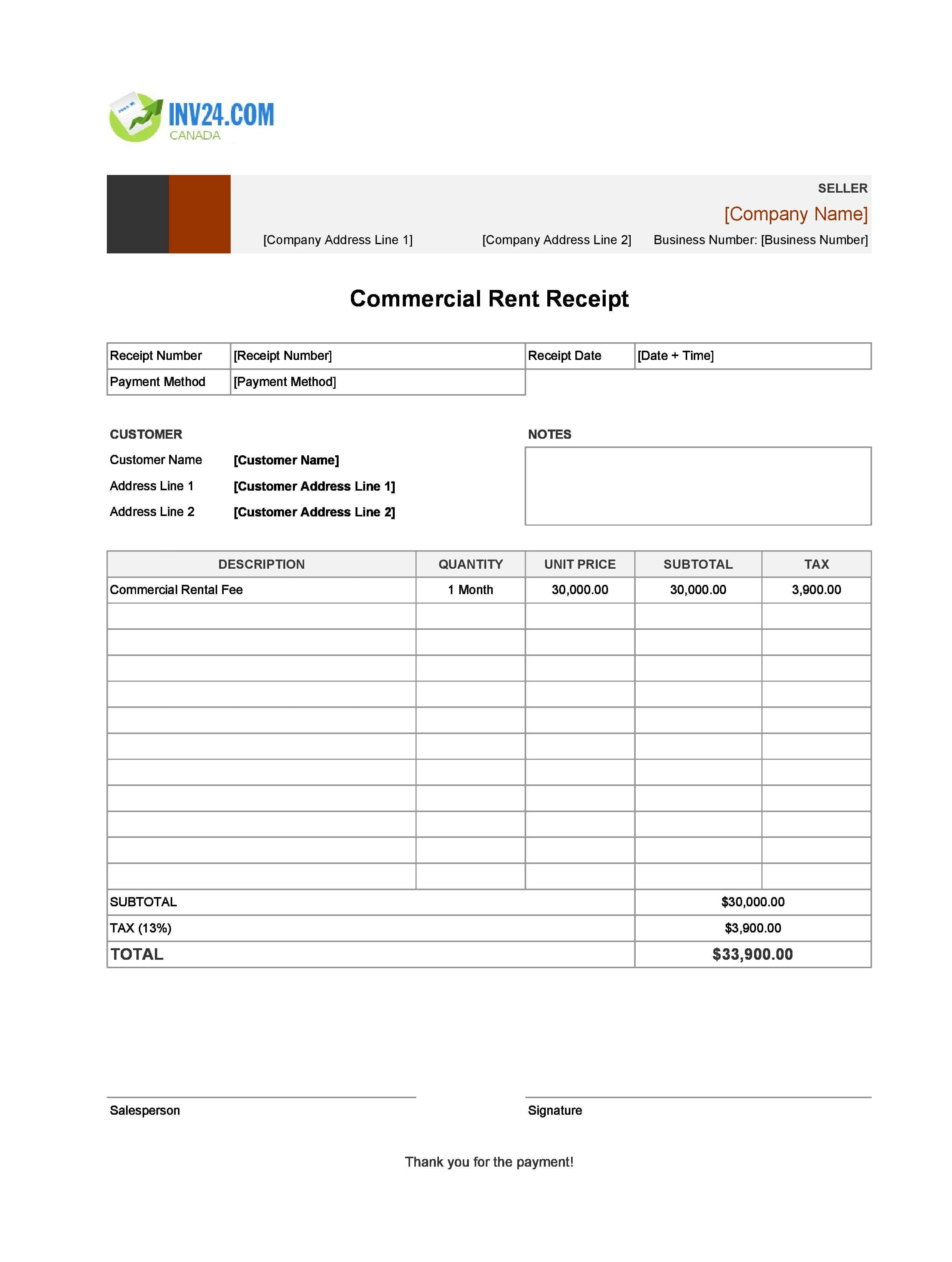Commercial Rent Receipt Template for Canada (Excel / Google Sheets)