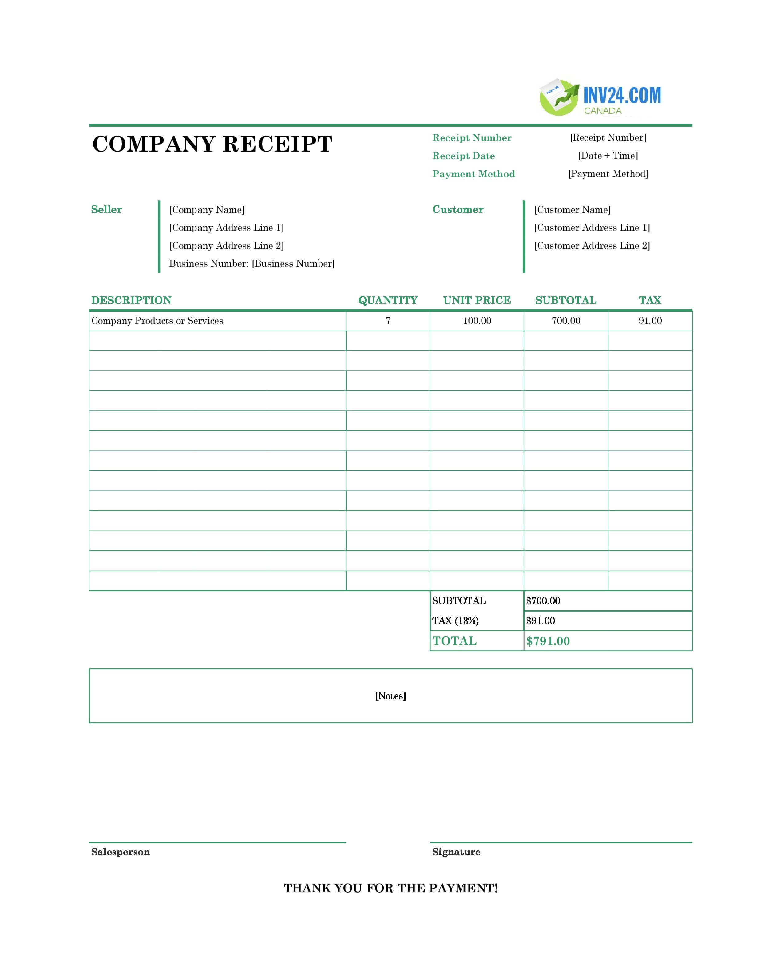Company Receipt Template for Canada (Excel / Google Sheets)