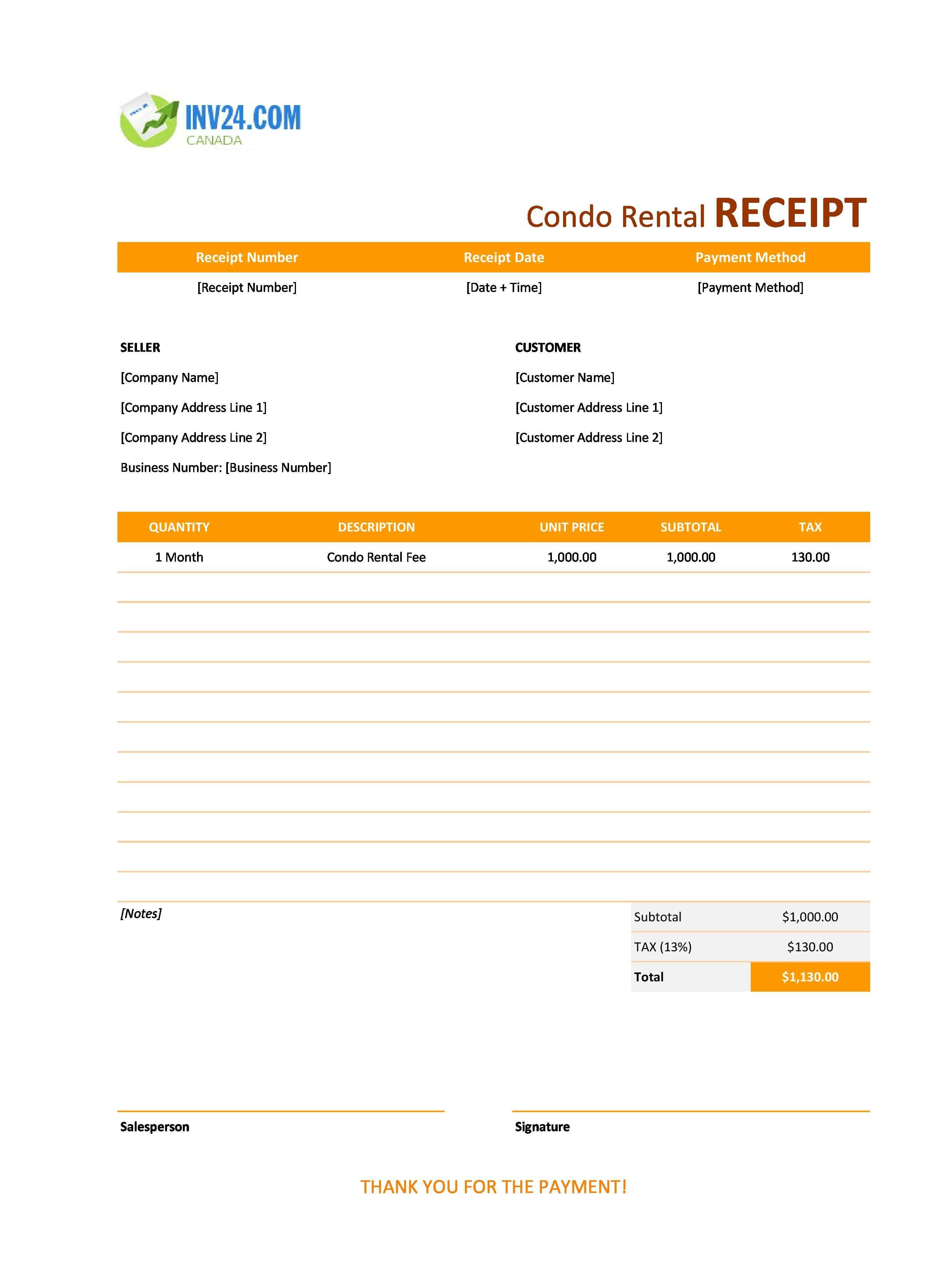 Condo Rental Receipt Template for Canada (Excel / Google Sheets)