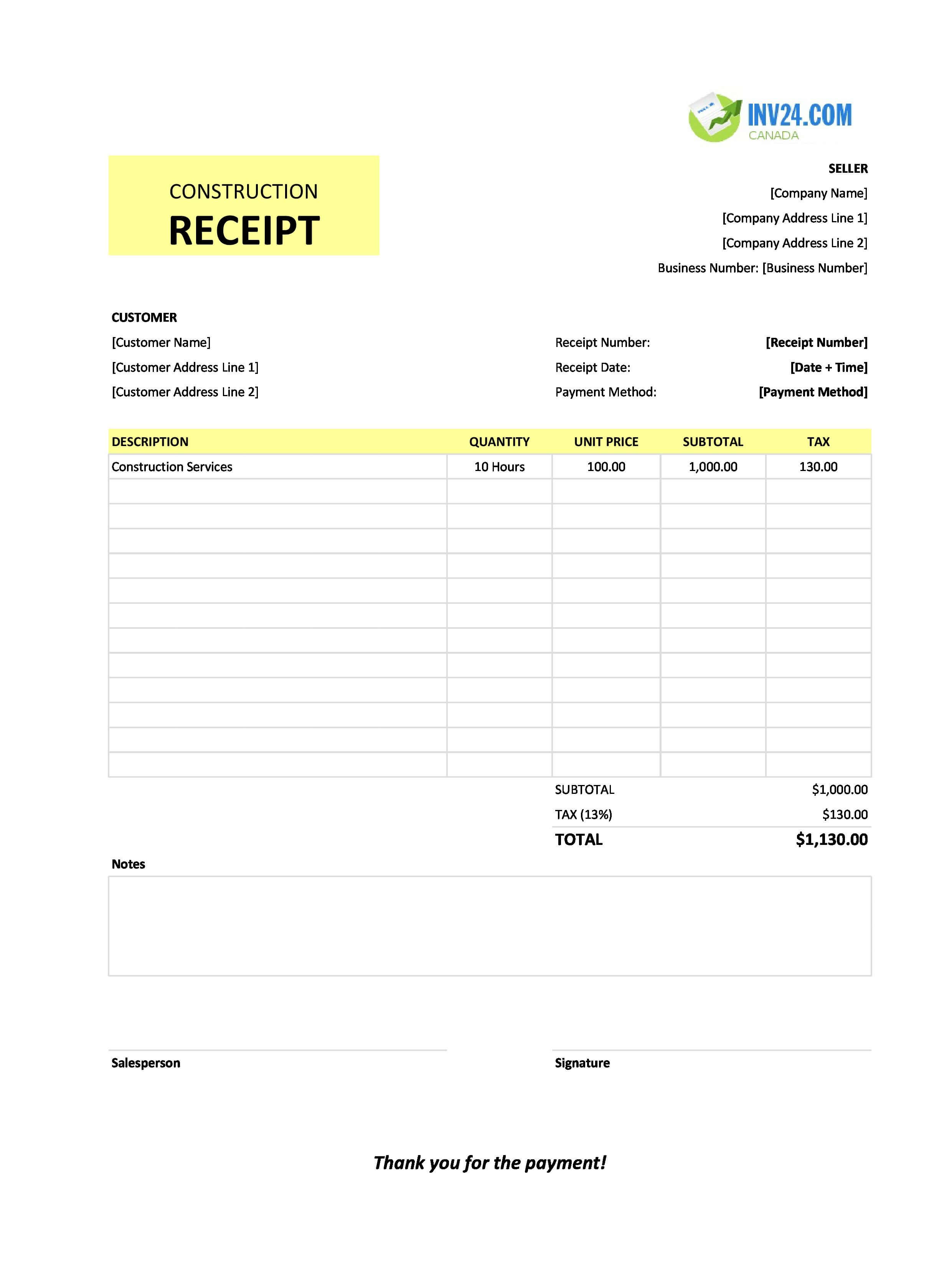 Construction Receipt Template for Canada (Excel / Google Sheets)