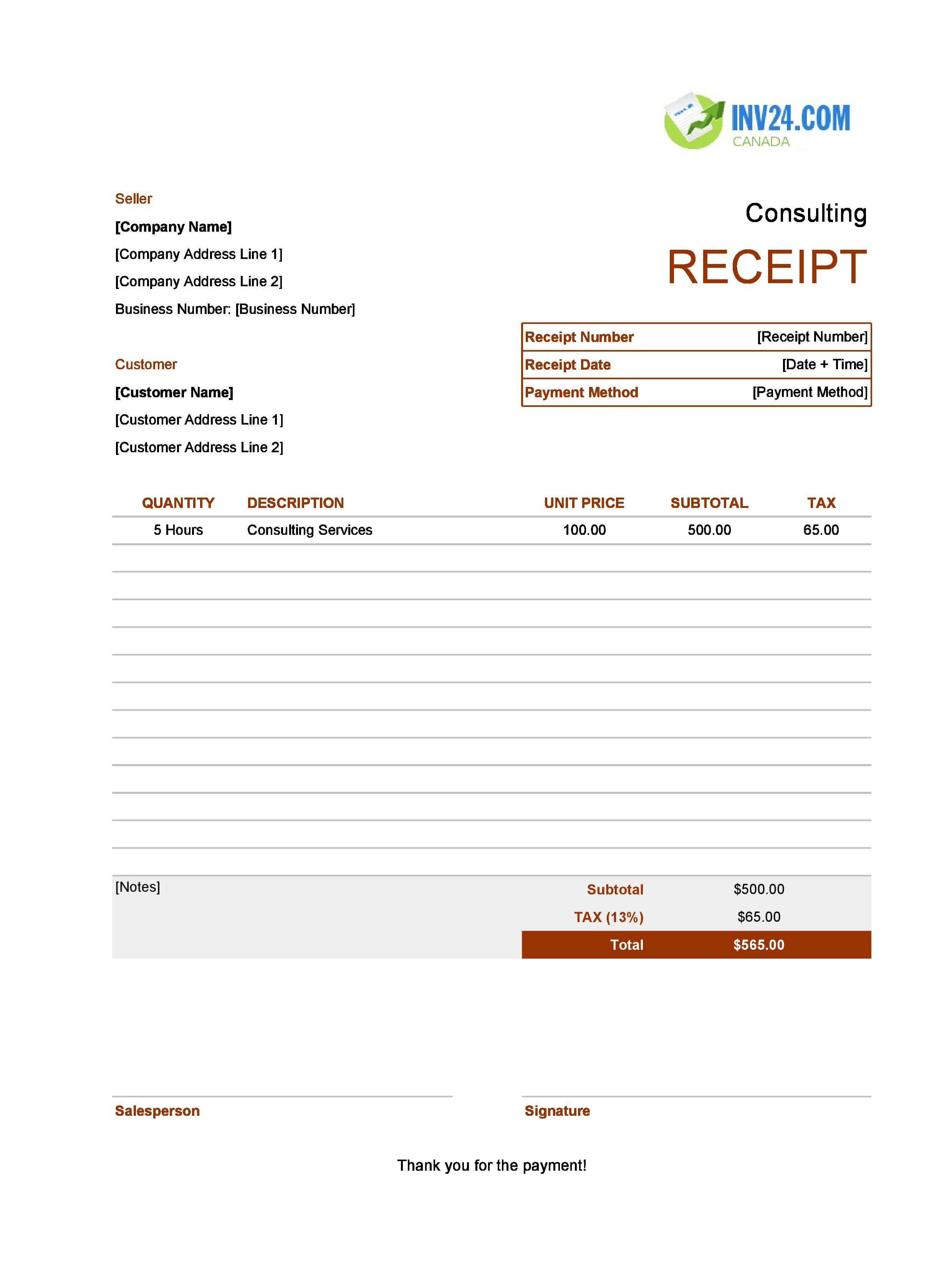 Consulting Receipt Template for Canada (Excel / Google Sheets)