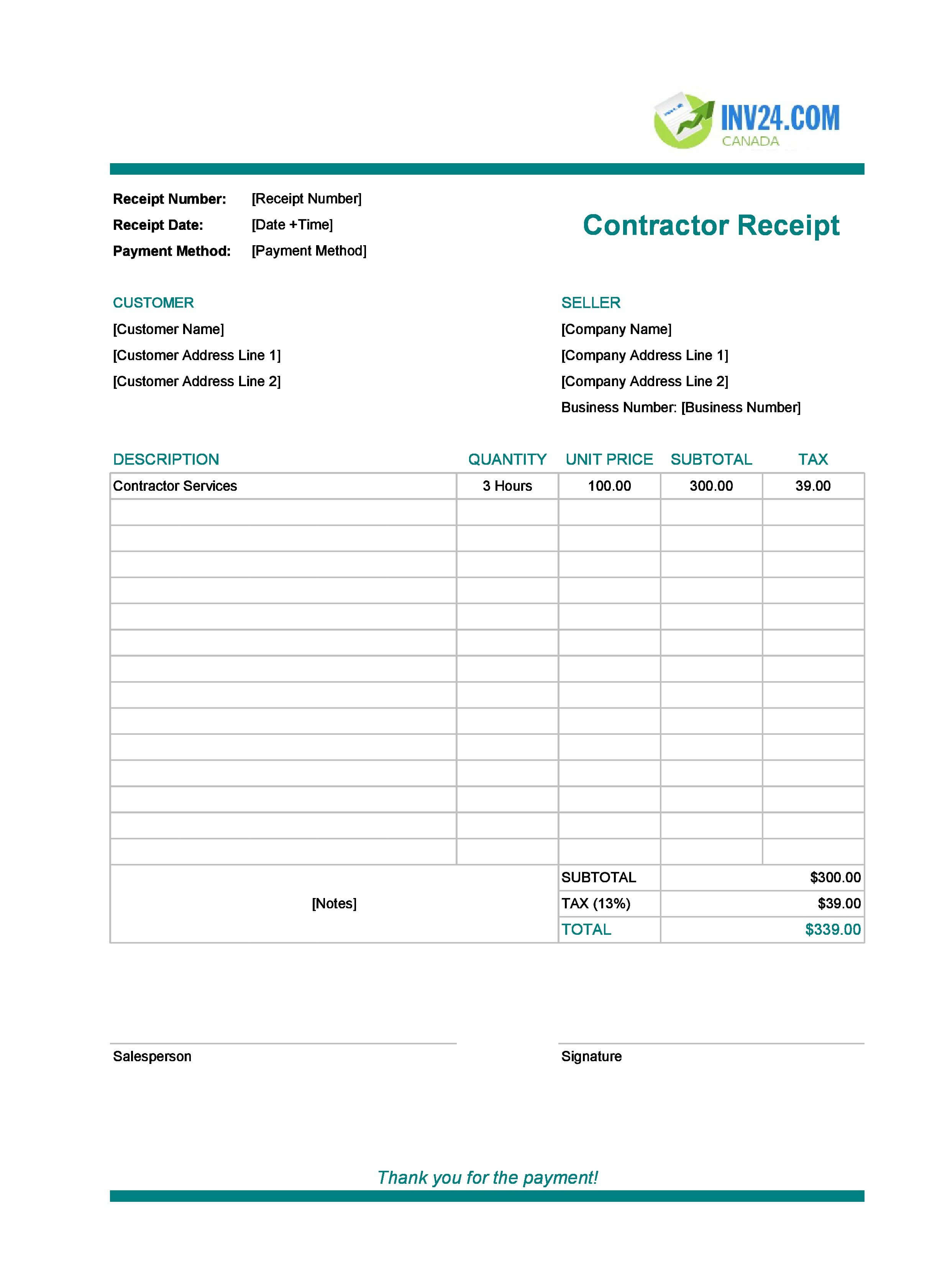 Contractor Receipt Template for Canada (Excel / Google Sheets)