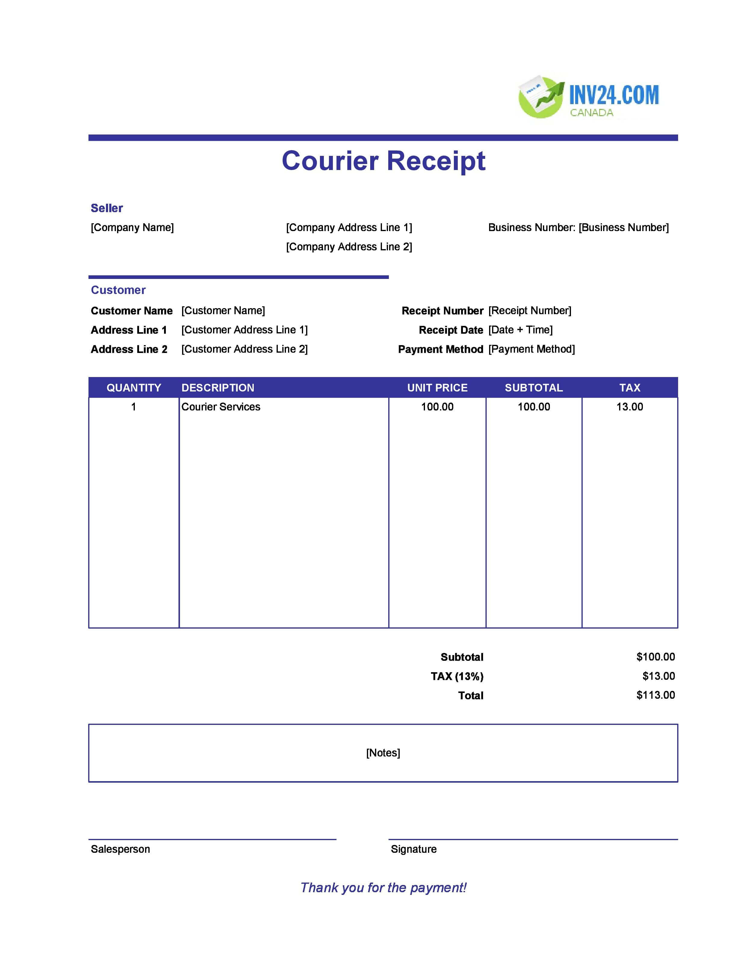 Courier Receipt Template for Canada (Excel / Google Sheets)