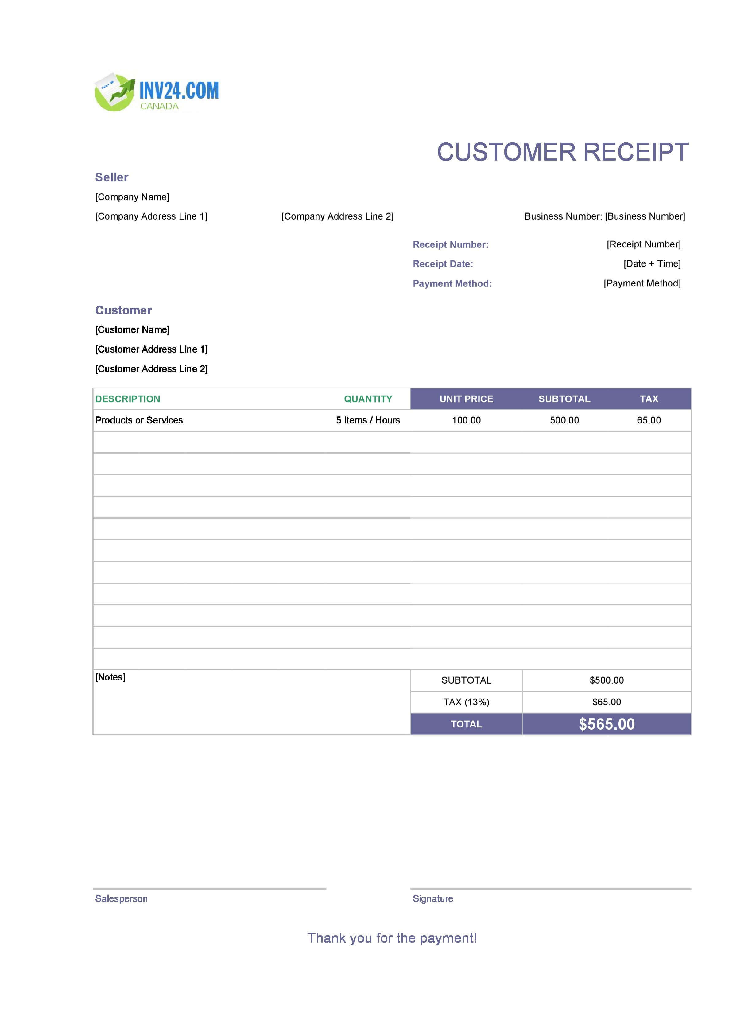 Customer Receipt Template for Canada (Excel / Google Sheets)