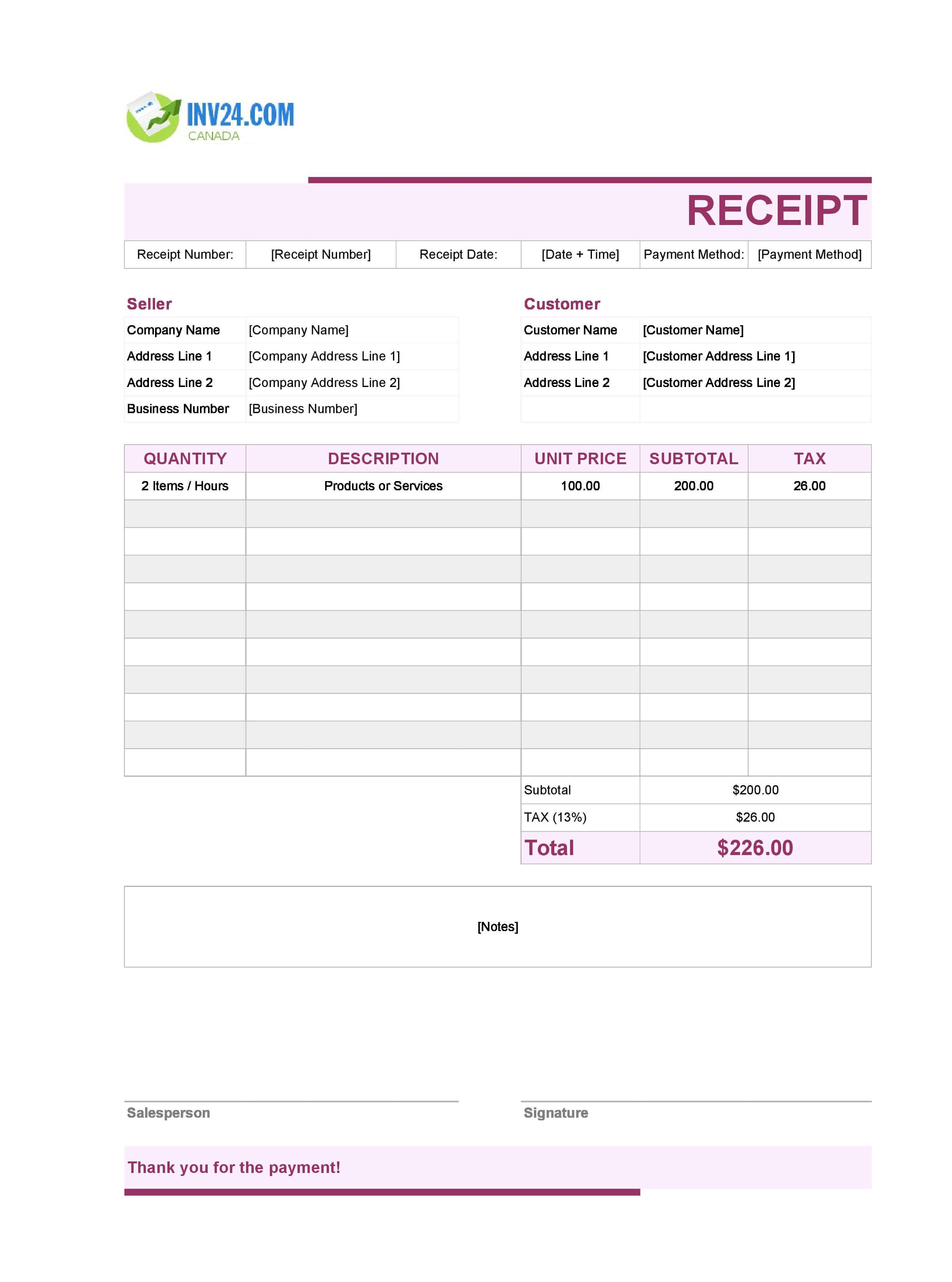 Cute Receipt Template for Canada (Excel / Google Sheets)